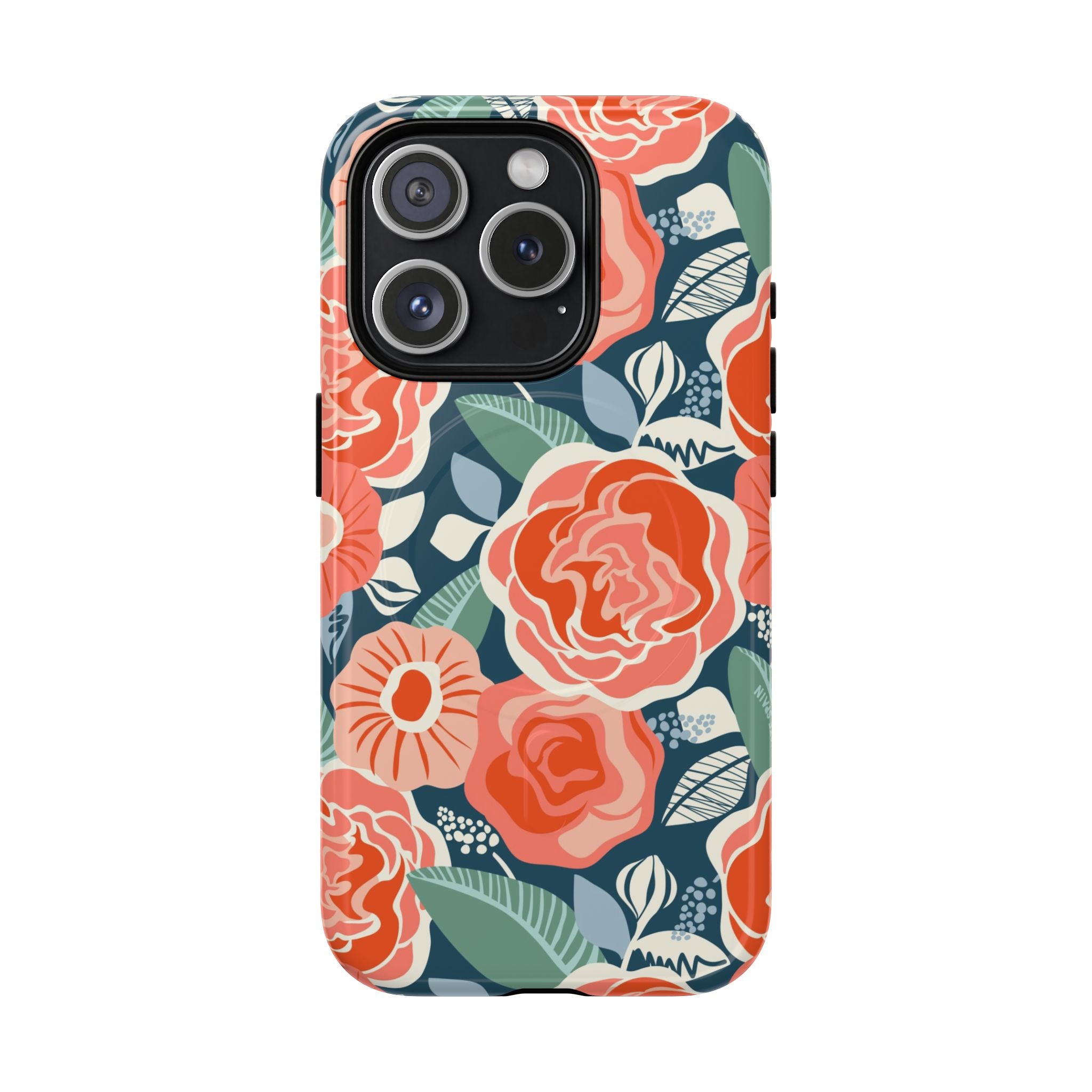 Luxury Tea Rose Navy MagSafe iPhone 15 Pro Case – Glossy | navy, coral, peach botanical rose floral print