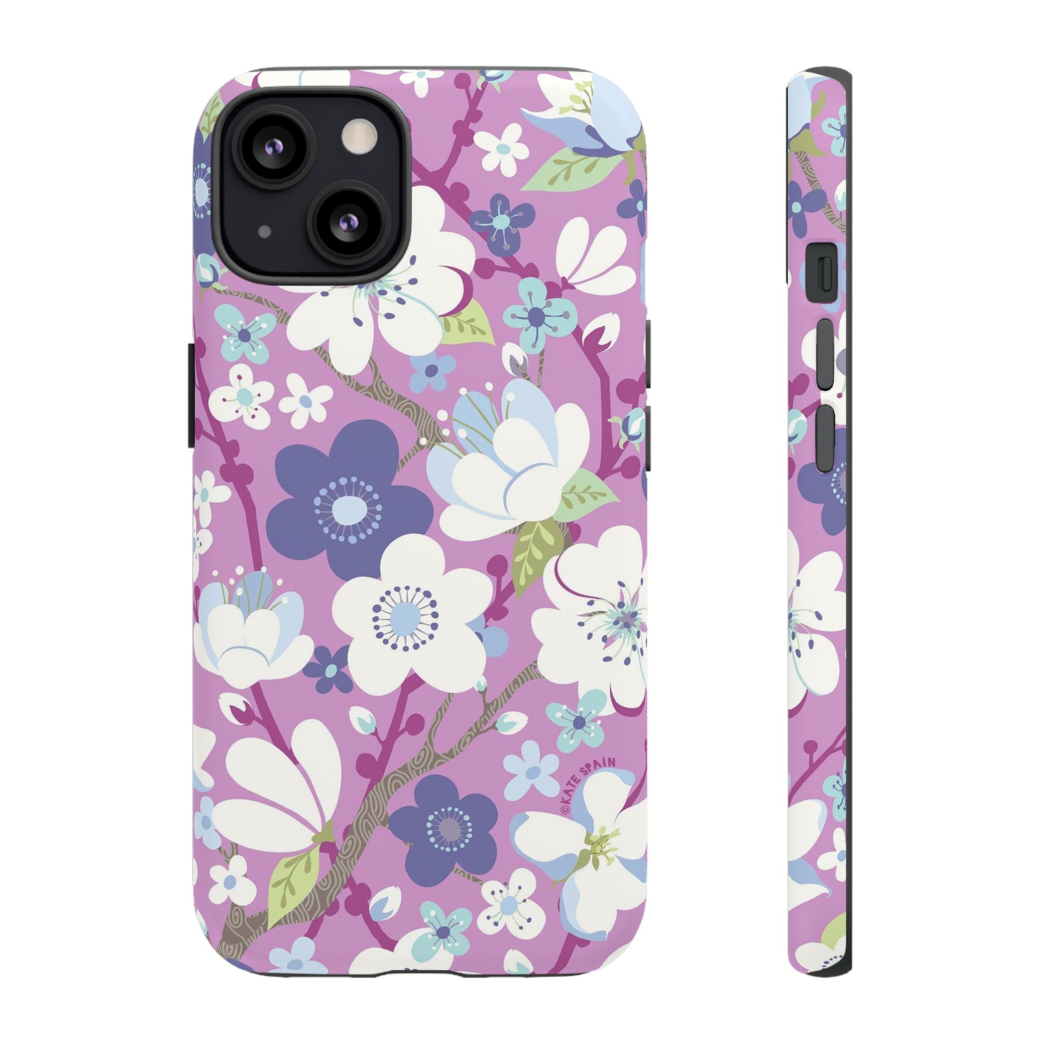 Luxury Cherry Blossom Tough iPhone 13 Case – Matte | mauve, purple, blue, white cherry blossom print