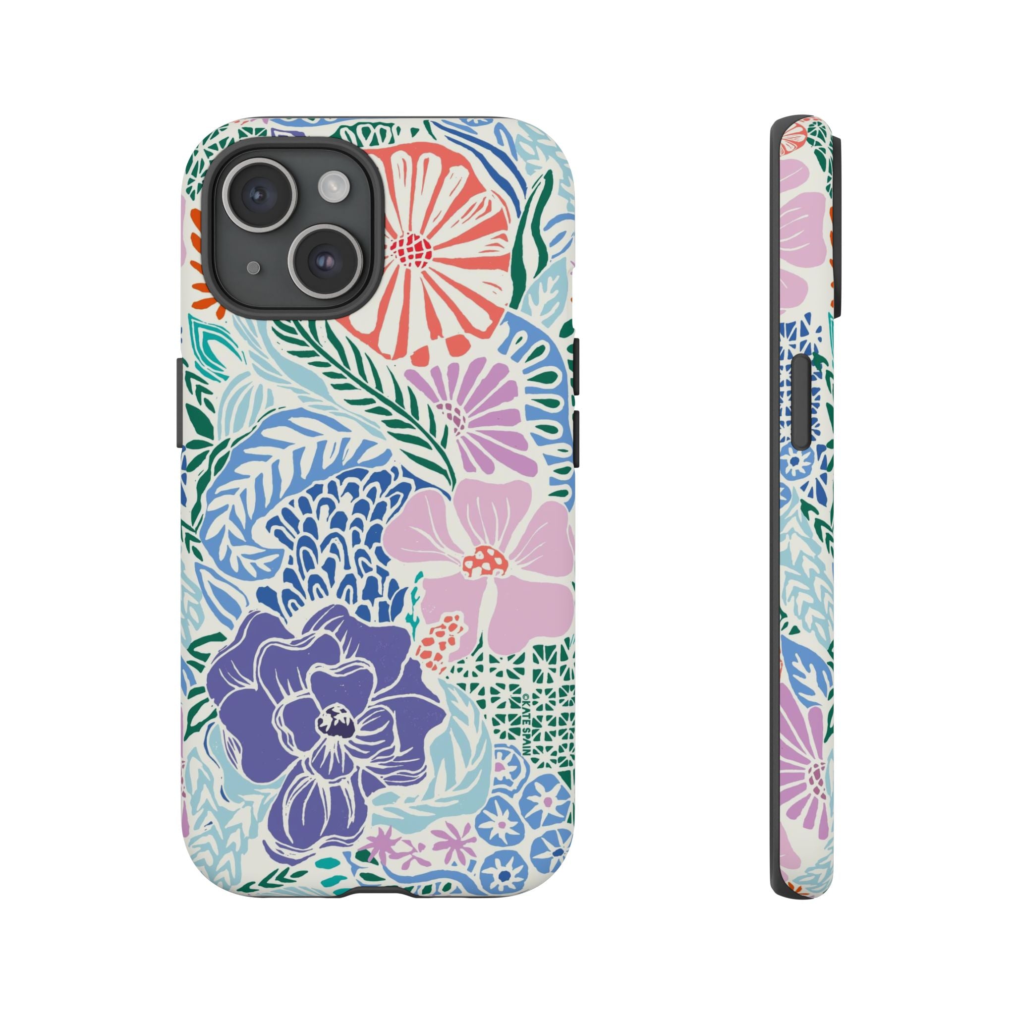 Tropica Tough iPhone 15 Case – Matte | purple, coral, pink, blue botanical tropical floral print