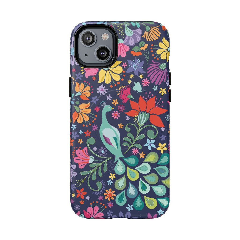 Peacock Sanctuary MagSafe iPhone 14 Plus Case – Matte | navy, teal, coral multicolor vibrant peacock feather botanical print