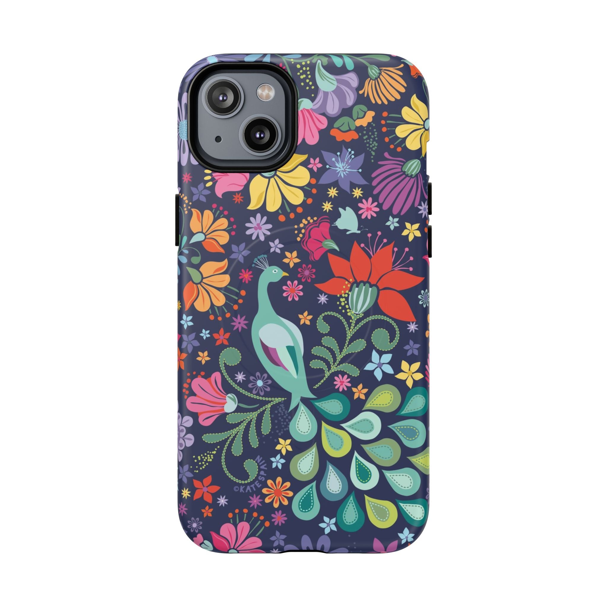 Peacock Sanctuary MagSafe iPhone 14 Plus Case – Matte | navy, teal, coral multicolor vibrant peacock feather botanical print