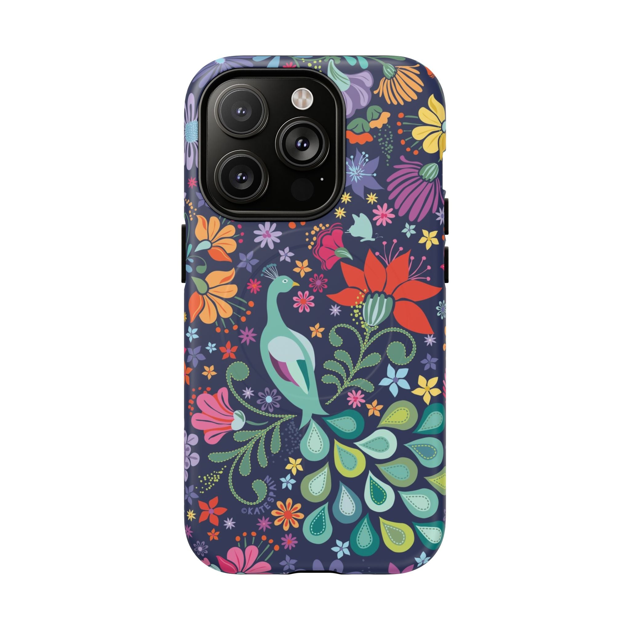 Peacock Sanctuary MagSafe iPhone 14 Pro Case – Matte | navy, teal, coral multicolor vibrant peacock feather botanical print