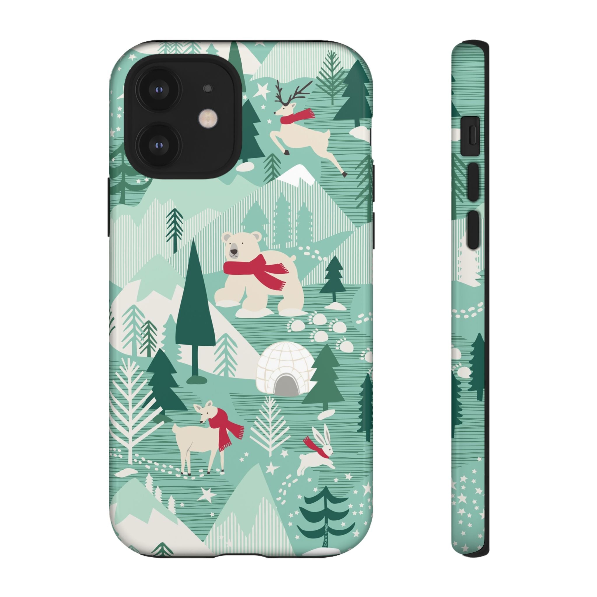 Arctica Winter Tough iPhone 12 Case – Glossy | aqua, evergreen, white, animal frolic winter wonderland print
