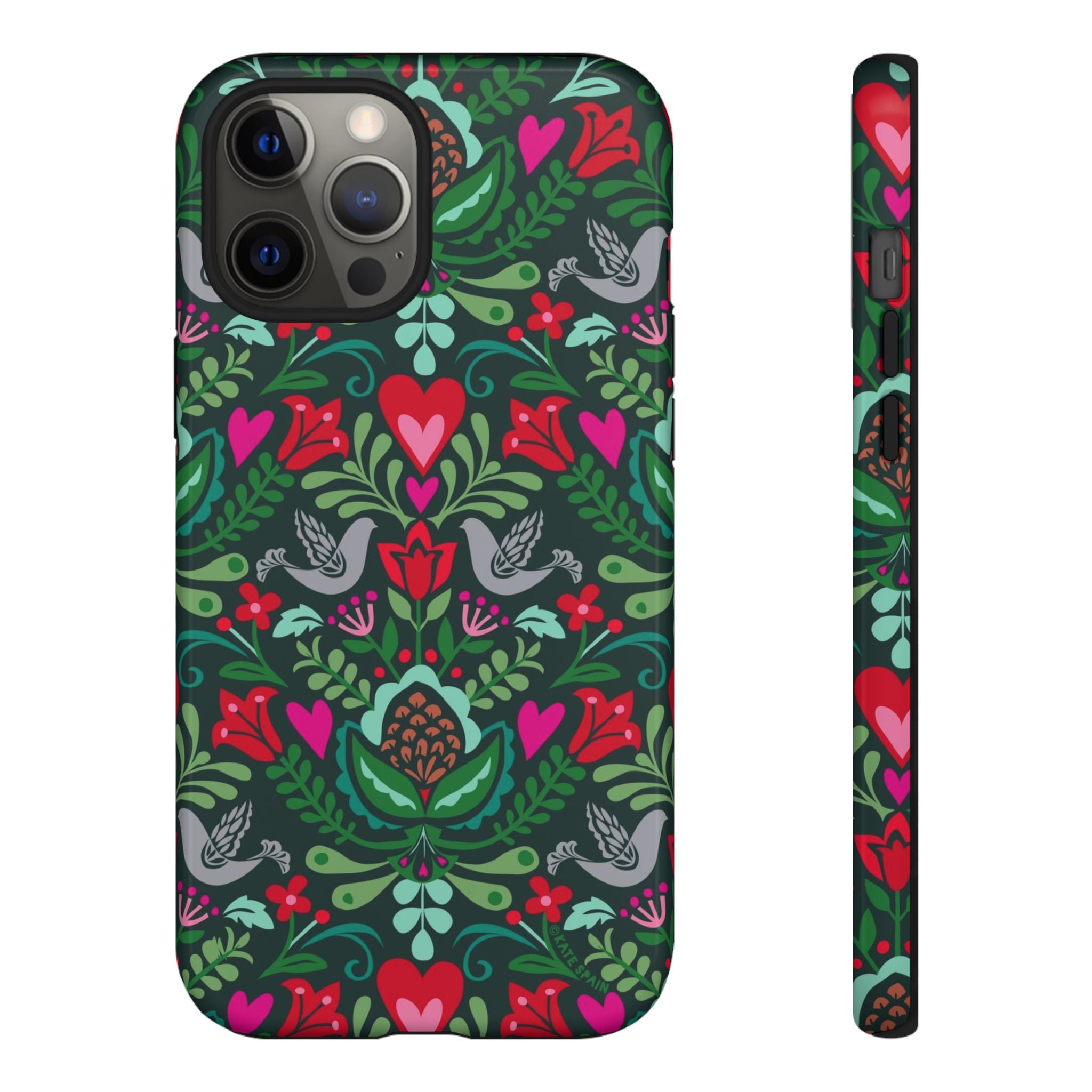 Rosemaling Tough iPhone 12 Pro Max Case – Glossy | dark green, red, pink, gray folk art floral bird print