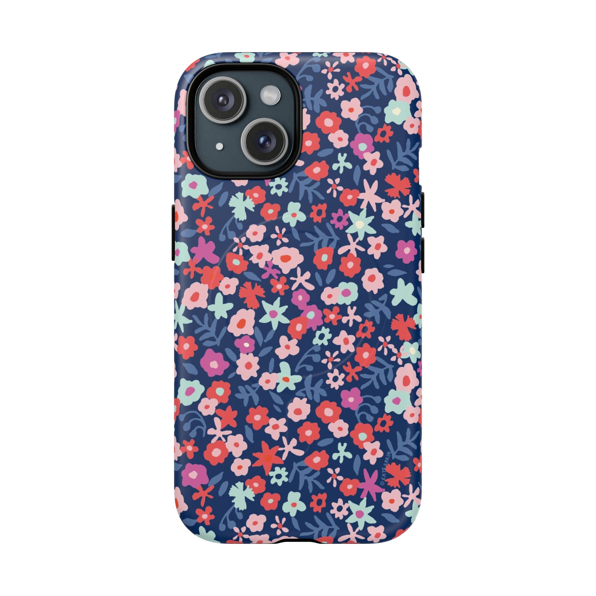 Primrose MagSafe iPhone 15 Case – Matte | navy, pink, white ditsy floral print