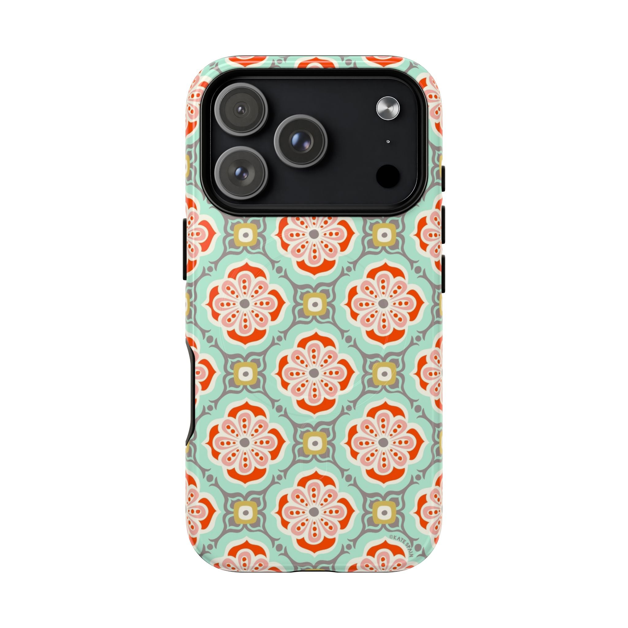 Alhambra MagSafe iPhone 17 Pro Case – Glossy | aqua, coral, blush geometric medallion floral print