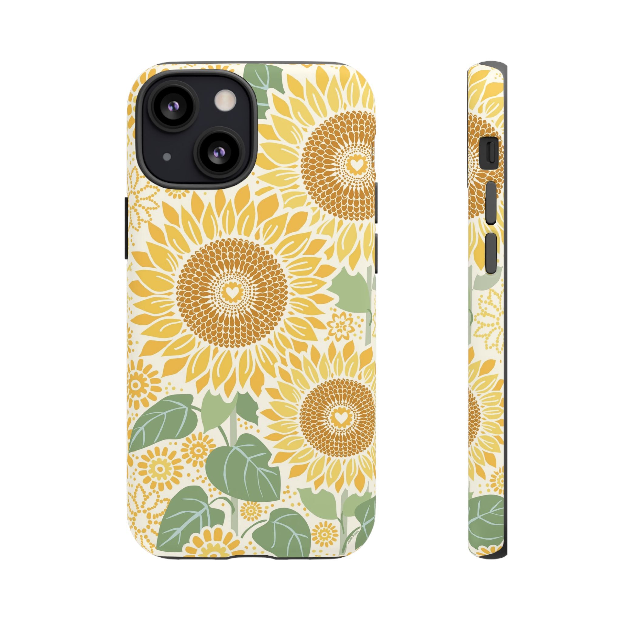 Sunny Sunflower iPhone 13 Mini case – Matte | cream ground, large-scale yellow sunflower print, golden seed detail with heart centers, dual-layer protection