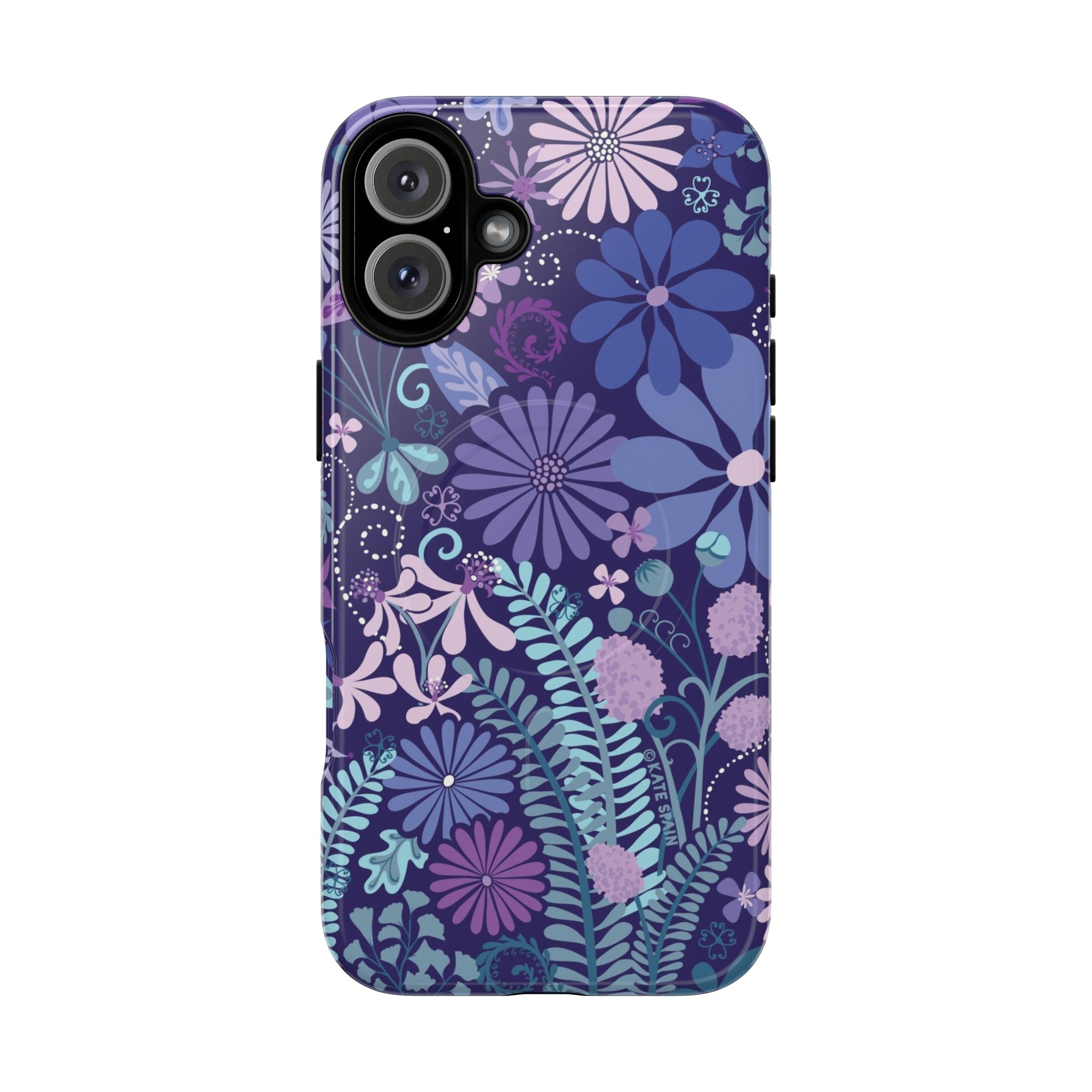 Terrain Night MagSafe iPhone 16 Plus Case – Glossy | navy, purple, aqua botanical woodland floral print