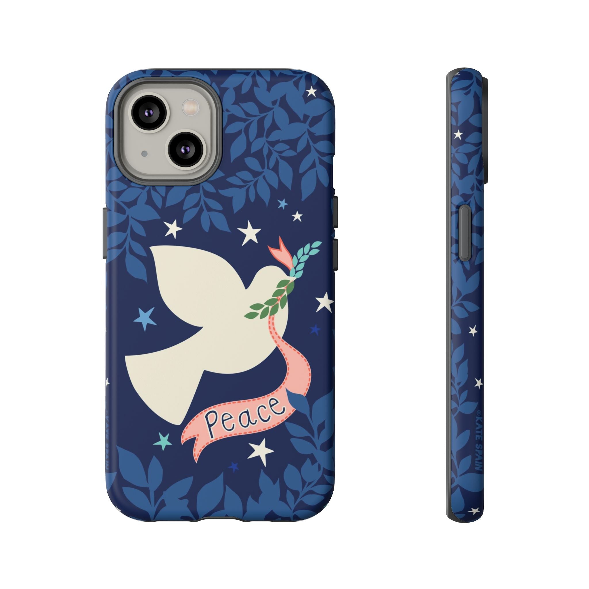 Peace Tough iPhone 14 Case – Matte | navy, cream peace dove, stars, botanical print