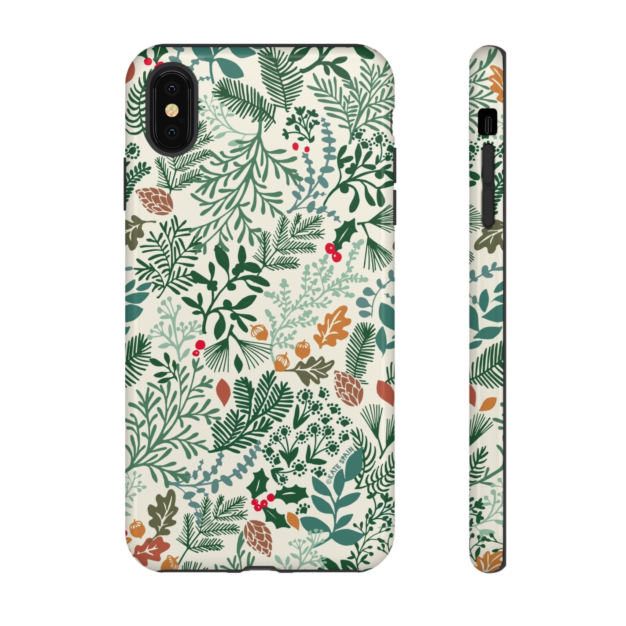 Juniper Tough iPhone XS Max Case – Glossy | cream, green, red botanical woodland print