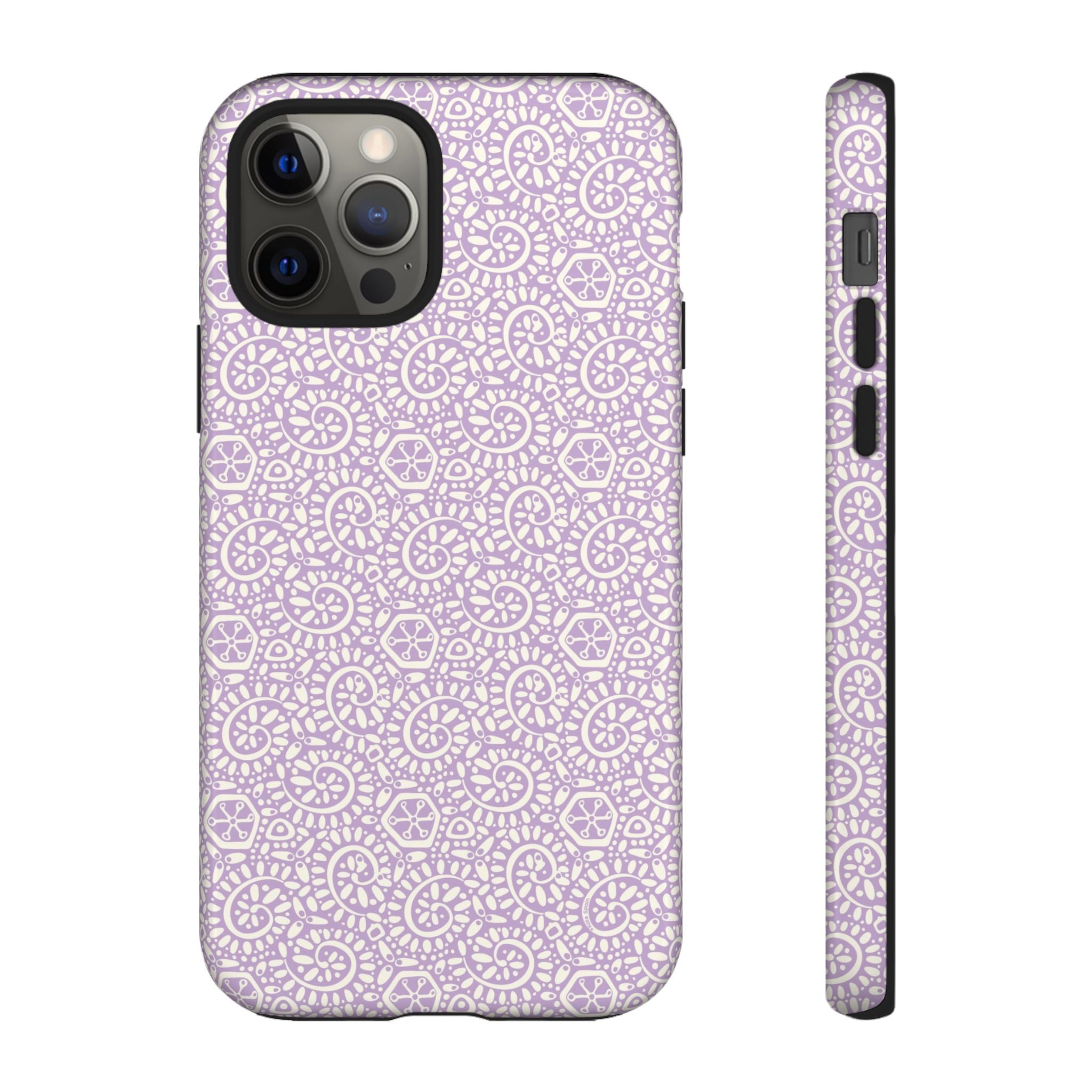 Canto Swirls Lavender iPhone 12 Pro Glossy Case — lavender hard case covered in an intricate folk-art medallion pattern of radiating circular motifs, dot clusters, and geometric centers