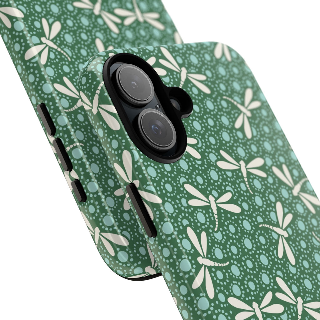 Designer Dragonfly Tough iPhone 17 Case – detail view of two lenses in camera | jade green, aqua, cream dragonfly print