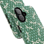 Designer Dragonfly Tough iPhone 17 Case – detail view of two lenses in camera | jade green, aqua, cream dragonfly print