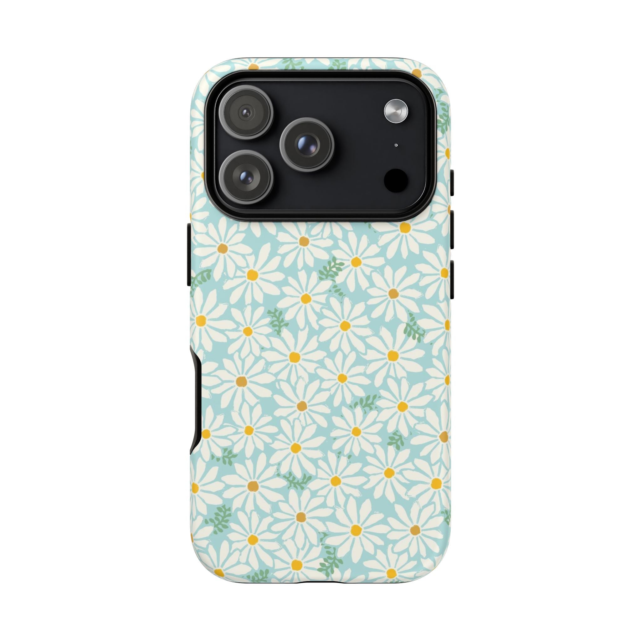 Daisies Tough iPhone 17 Pro Case – Matte | sky blue, white daisy print, golden yellow centers, mint green leaves dual-layer protection