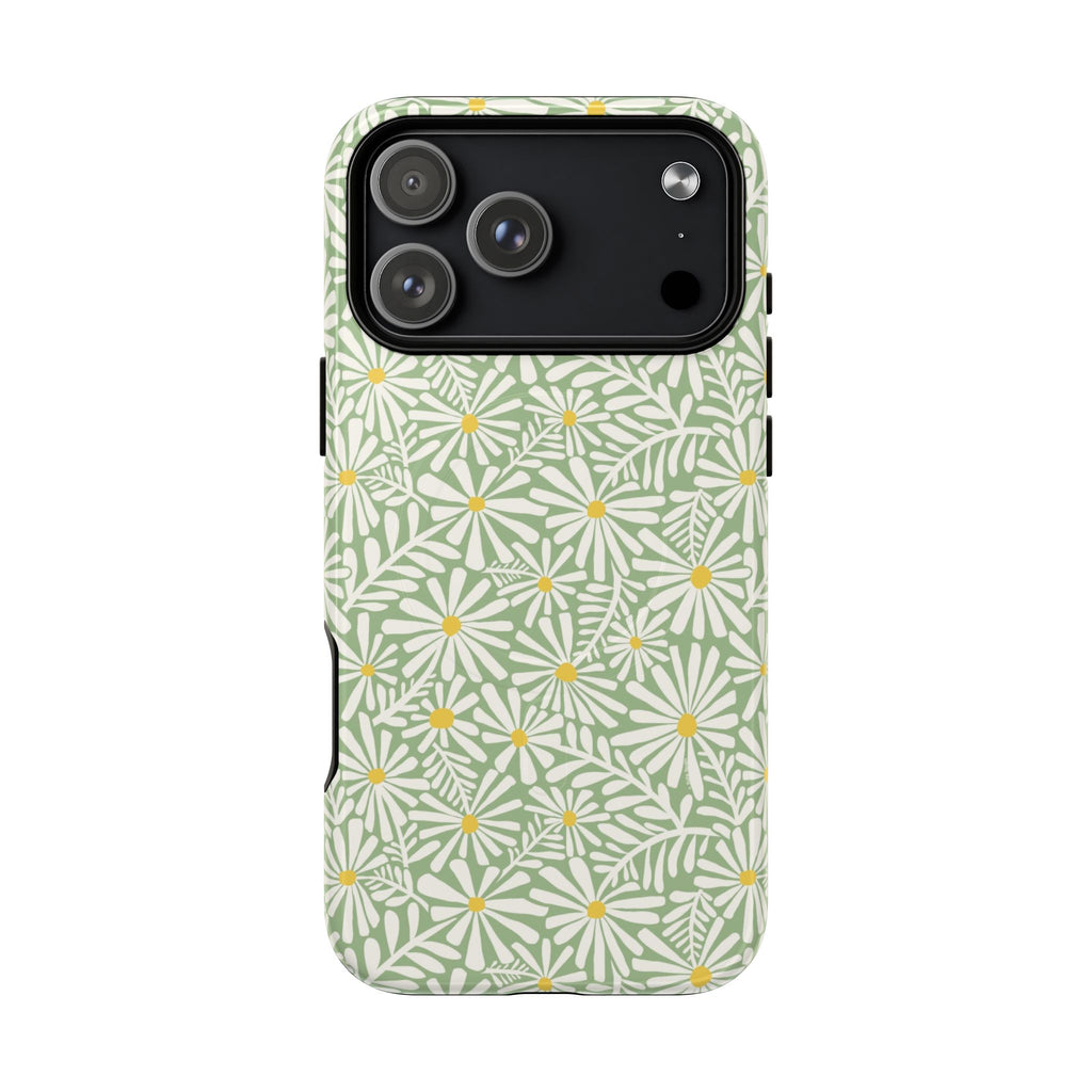 Montauk Daisy Meadow Green MagSafe iPhone 17 Pro Max Case – Glossy | sage green, white graphic daisy and fern print, golden yellow centers MagSafe compatible, dual-layer protection