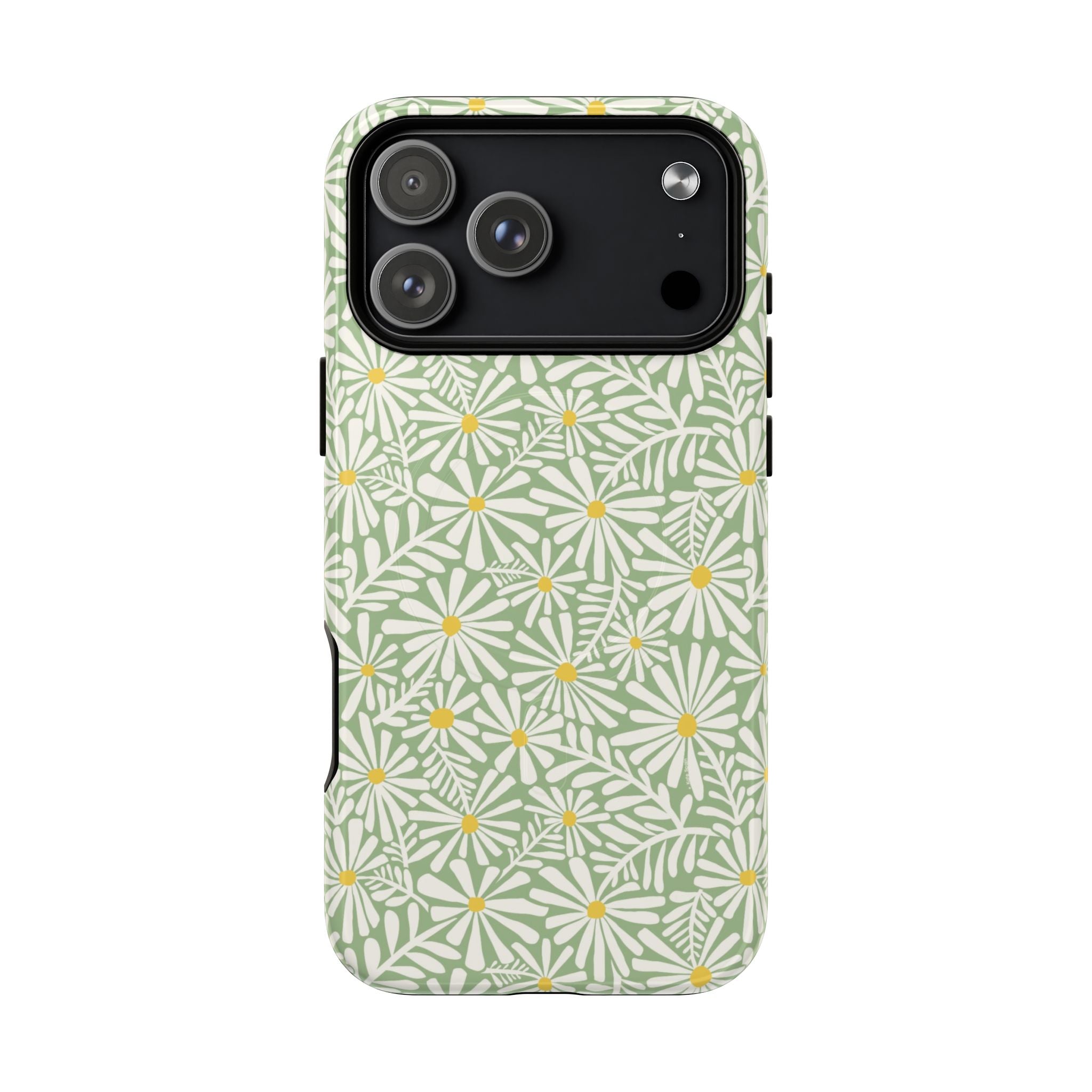 Montauk Daisy Meadow Green MagSafe iPhone 17 Pro Max Case – Glossy | sage green, white graphic daisy and fern print, golden yellow centers MagSafe compatible, dual-layer protection
