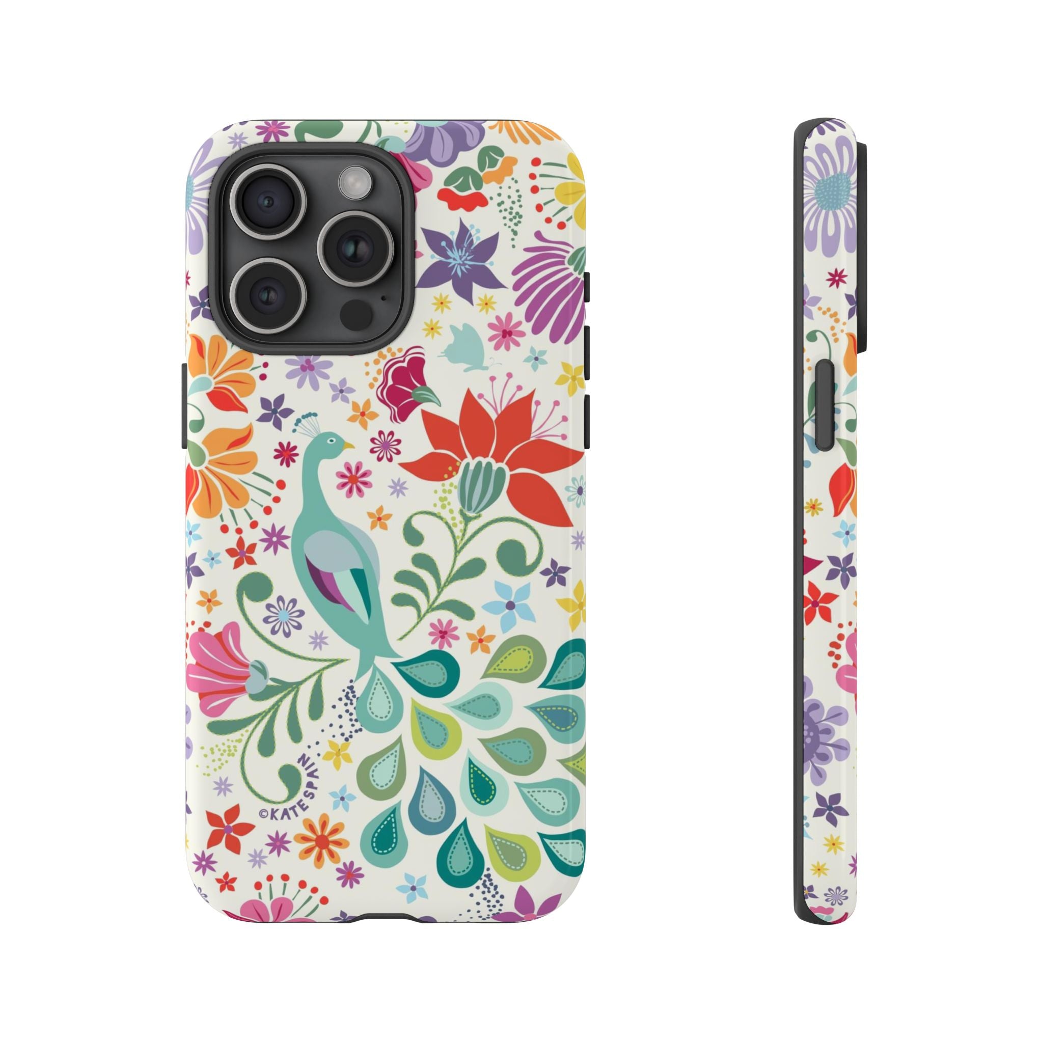 Peacock Sanctuary Tough iPhone 15 Pro Max Case – Glossy | white, teal, coral multicolor vibrant peacock feather botanical print