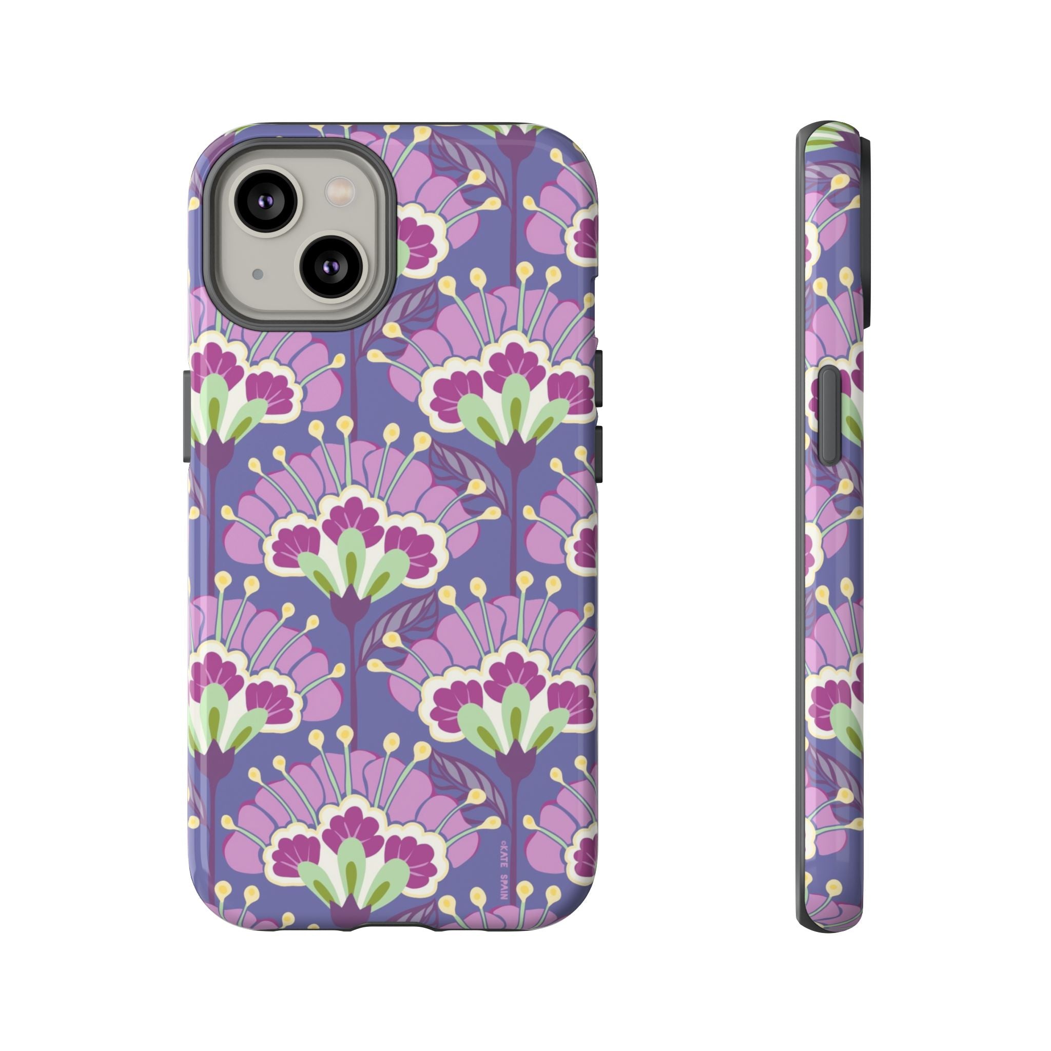 Lantern Flower Tough iPhone 14 Case – Glossy | periwinkle, purple, mauve, sage botanical lantern floral print