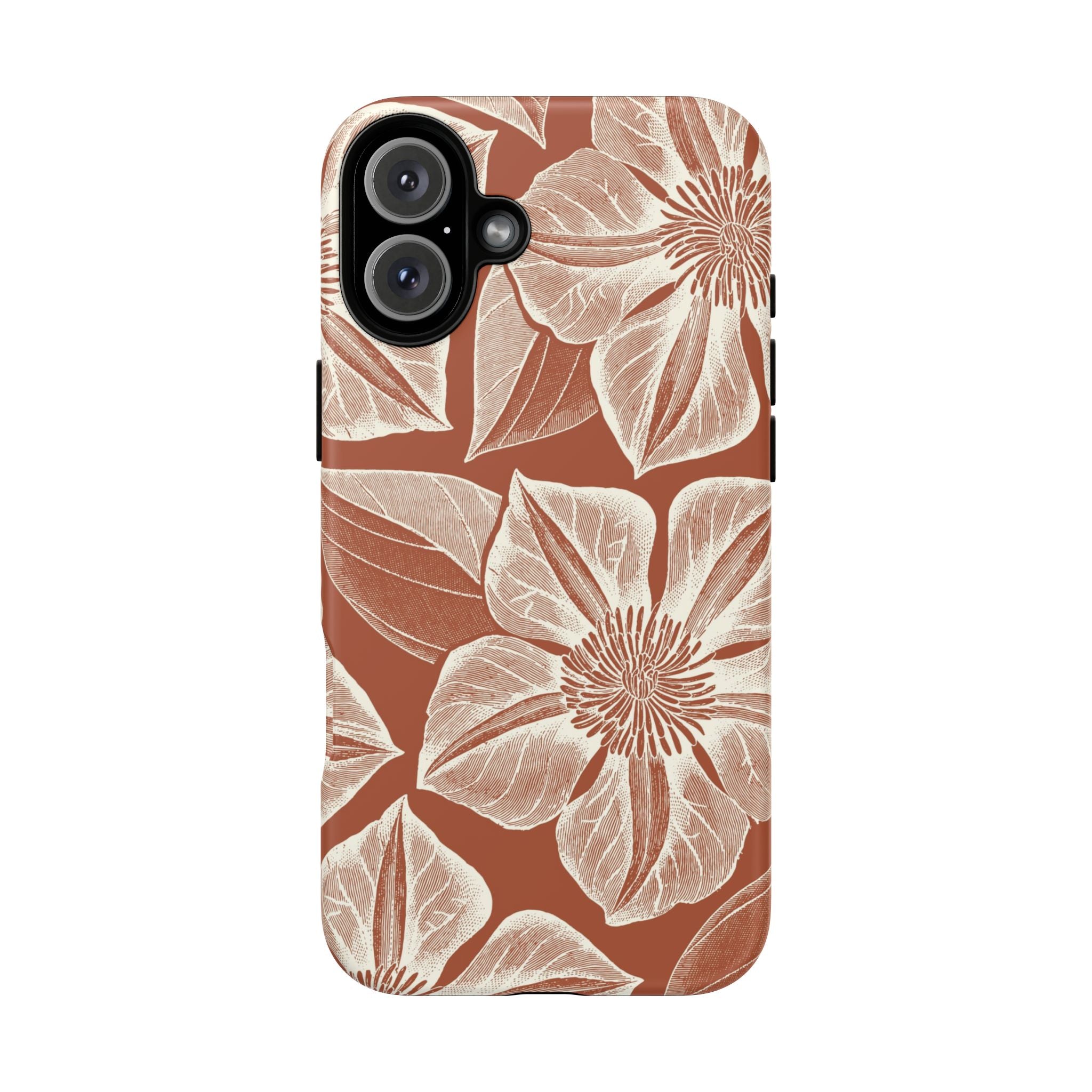 Vintage Bloom Sienna iPhone 16 Plus case – Matte | sienna ground, large-scale cream clematis print, engraved petal detail, dual-layer protection