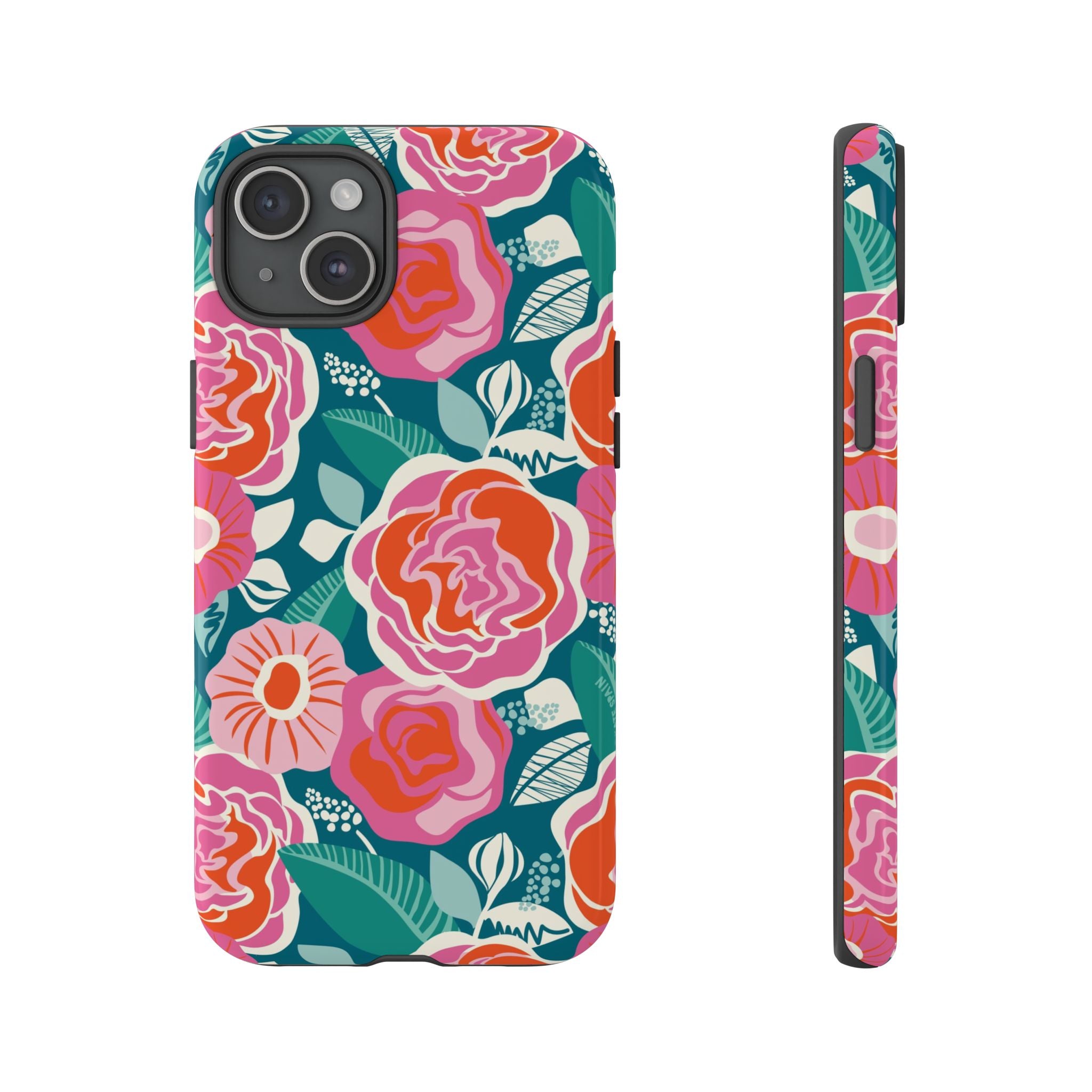 Tea Rose Teal Tough iPhone 15 Plus Case – Glossy | teal, coral, pink botanical rose floral print