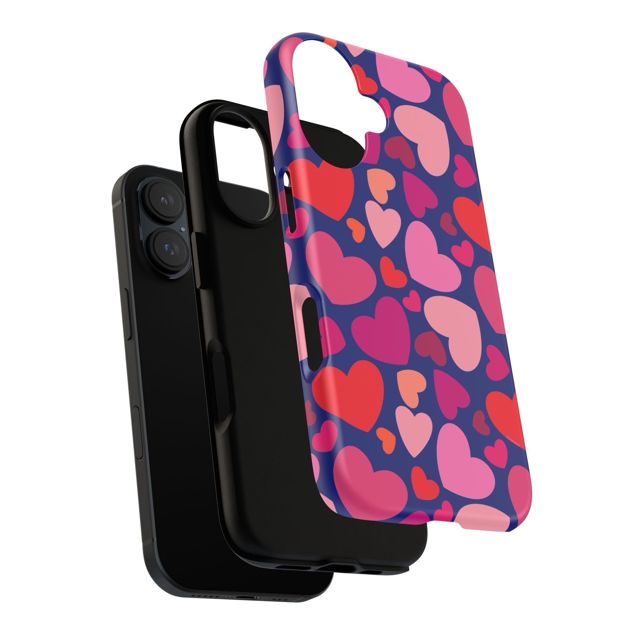 Hearts iPhone Case – lifestyle detail | navy, pink, red, coral scattered heart print