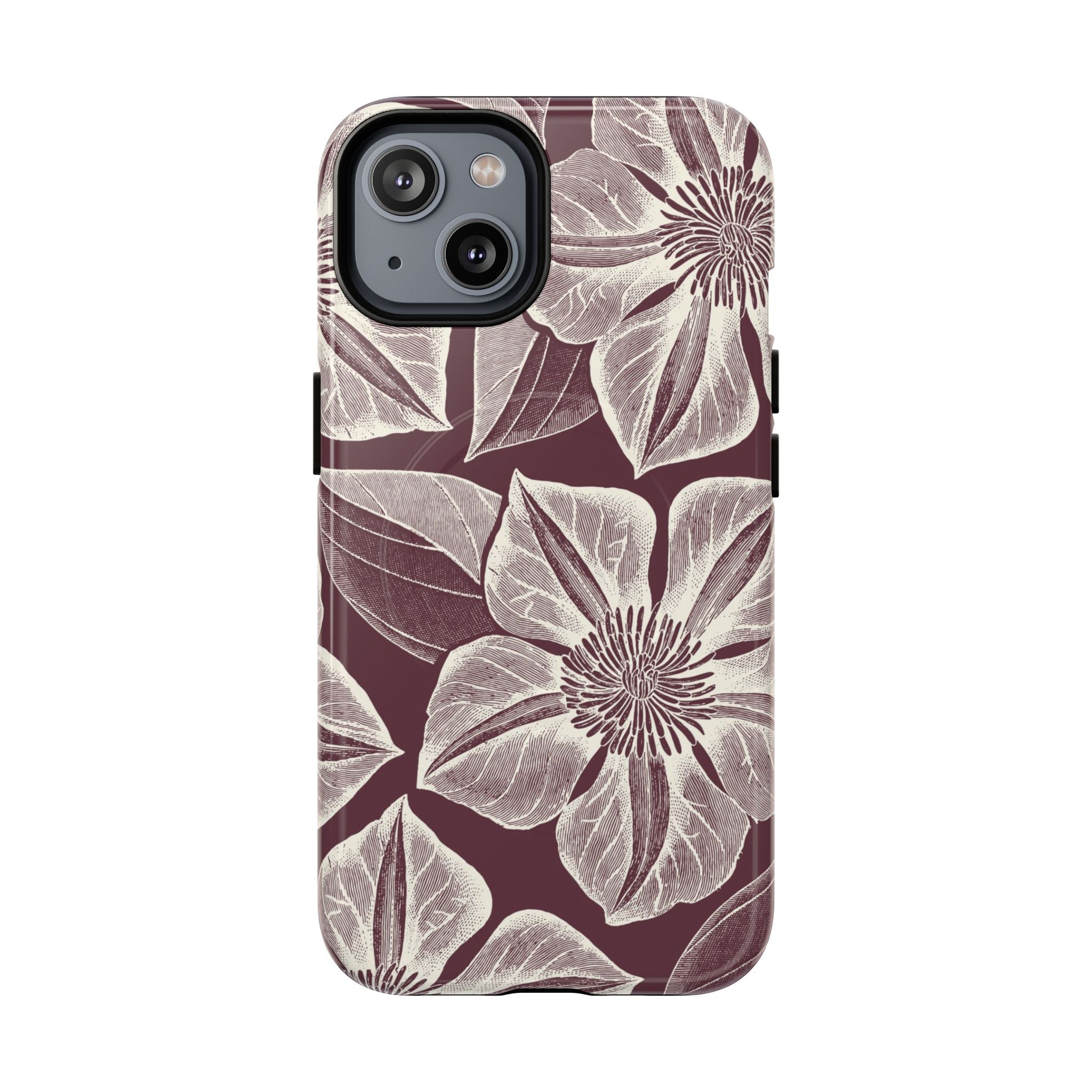 Vintage Bloom Burgundy MagSafe iPhone 15 Pro Max Case – Matte | burgundy ground, large-scale cream clematis print, engraved petal detail, dual-layer protection