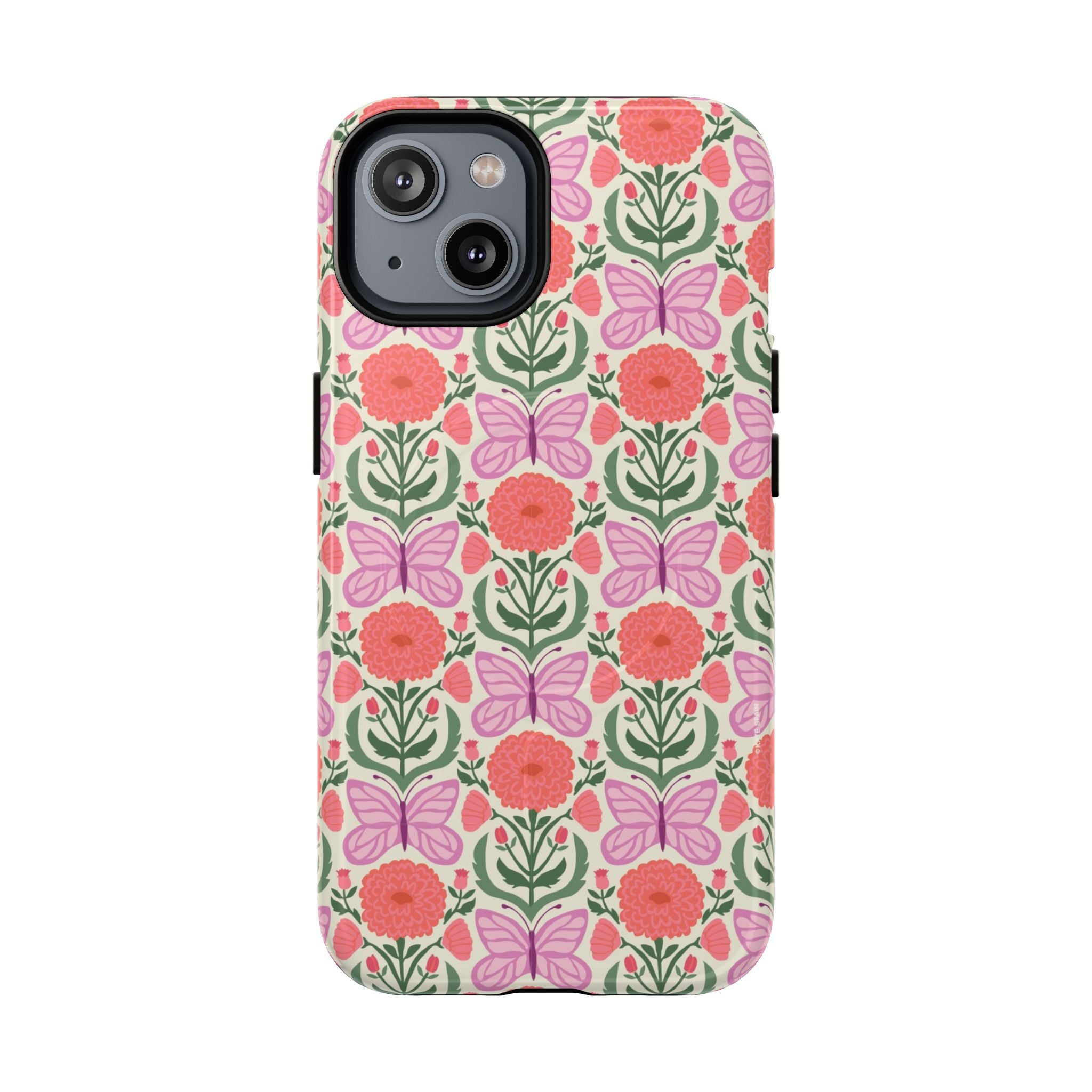 Pink Butterfly MagSafe iPhone 14 Case – Glossy | pink, coral, green, cream butterfly floral print