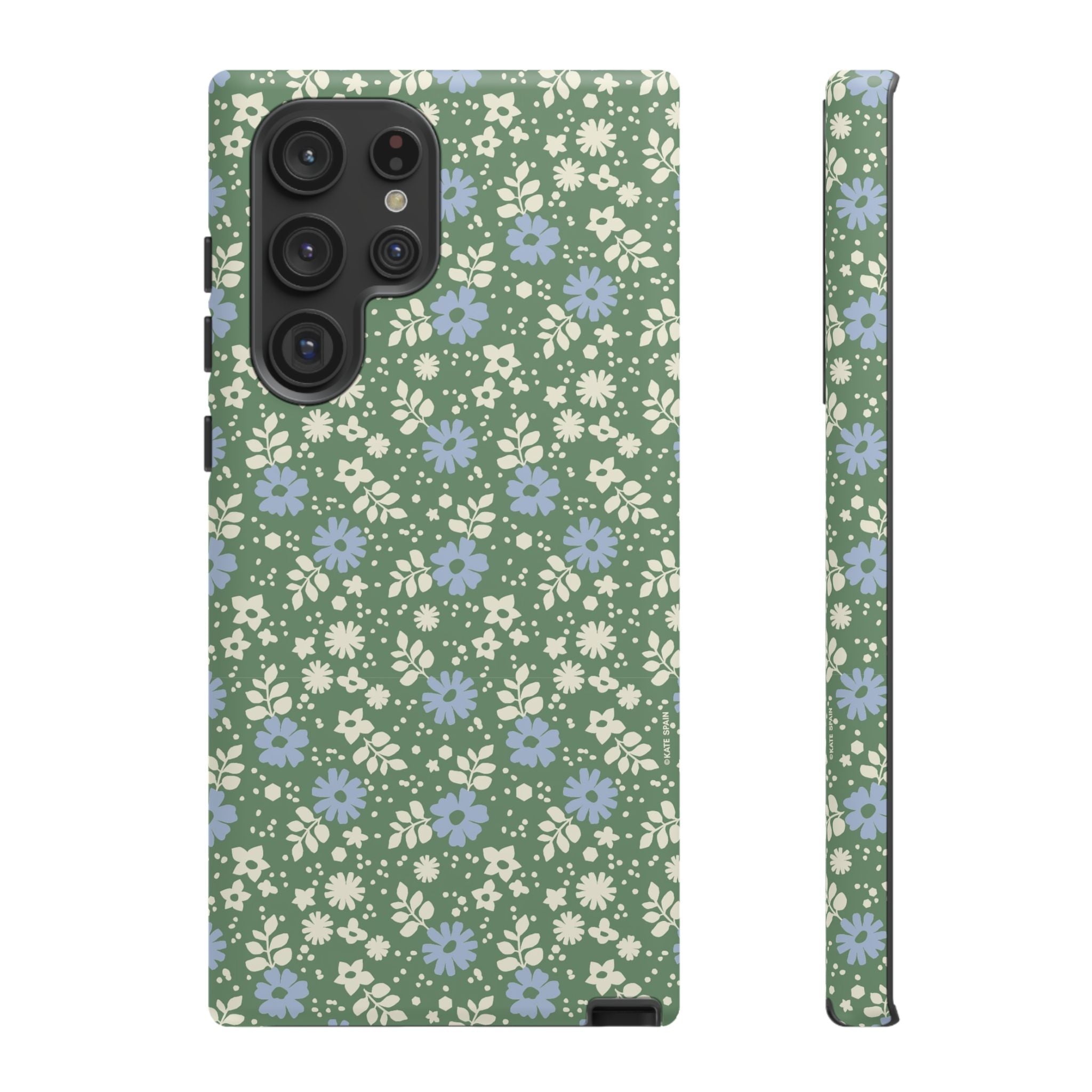 Cottage Core Cute Petaline Samsung Galaxy S22 Ultra Case – Matte | green background with white and blue ditsy florals
