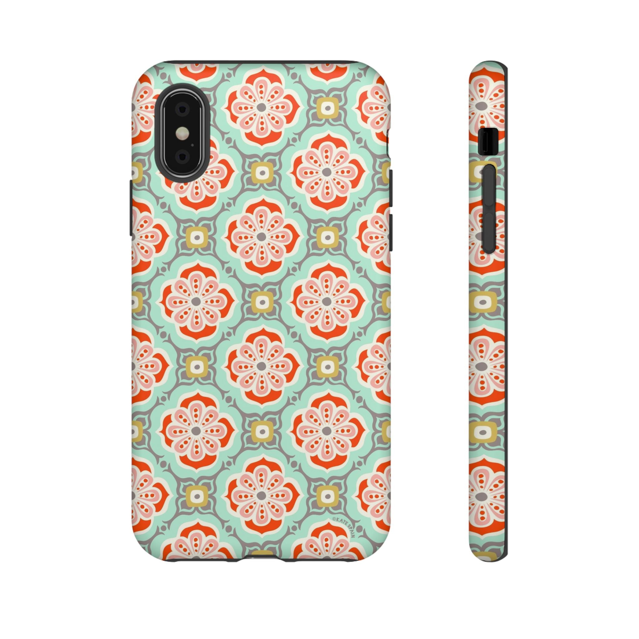 Alhambra Tough iPhone XS Case – Matte | aqua, coral, blush geometric medallion floral print