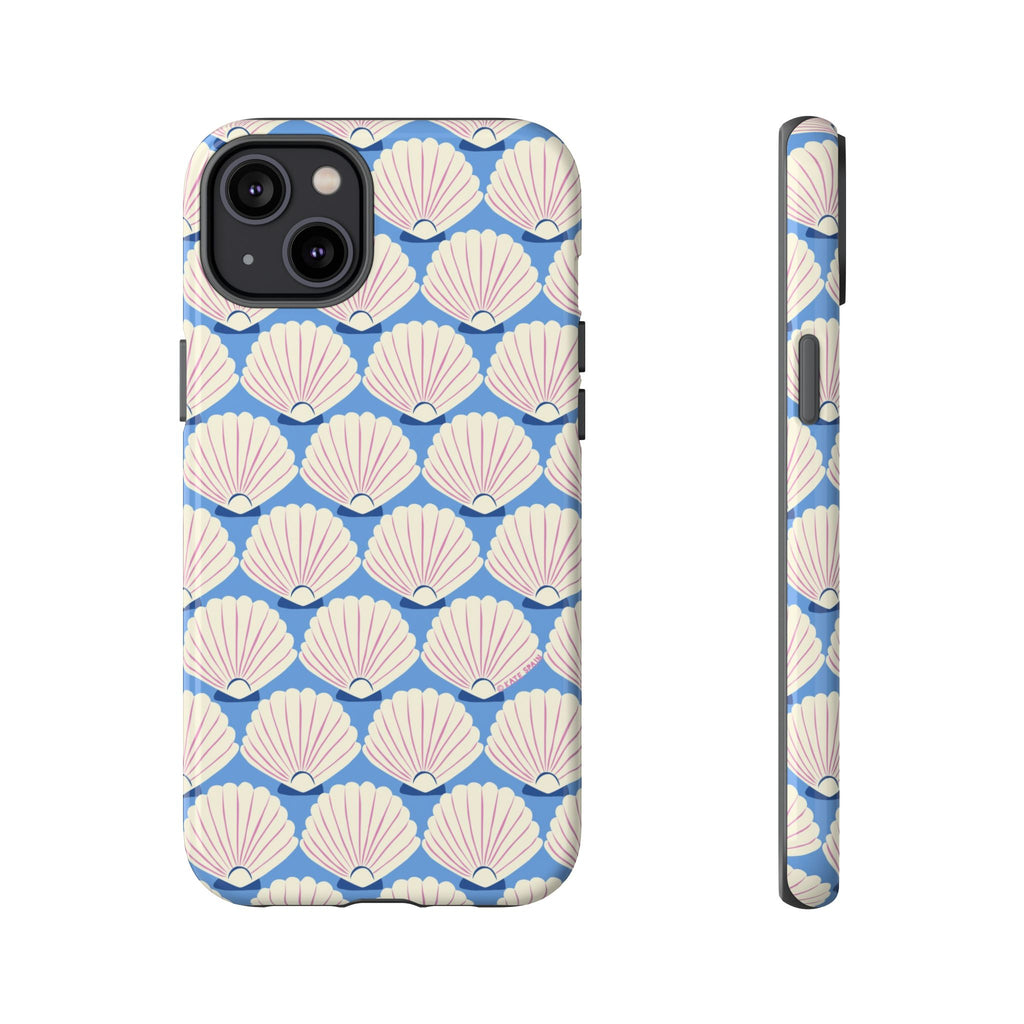 Seashells Tough iPhone 14 Plus Case – Glossy | periwinkle, cream, blush scallop shell print