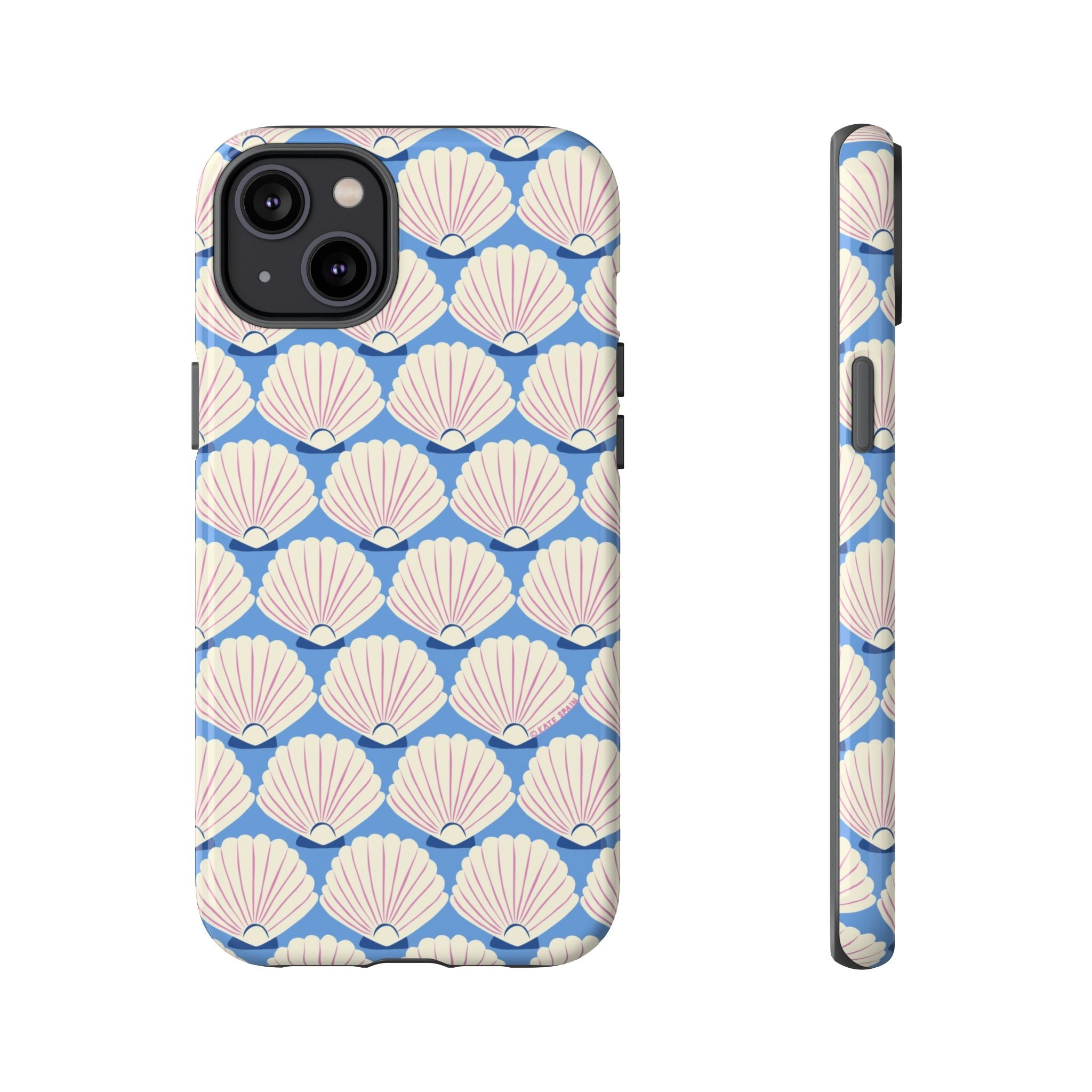 Seashells Tough iPhone 14 Plus Case – Glossy | periwinkle, cream, blush scallop shell print