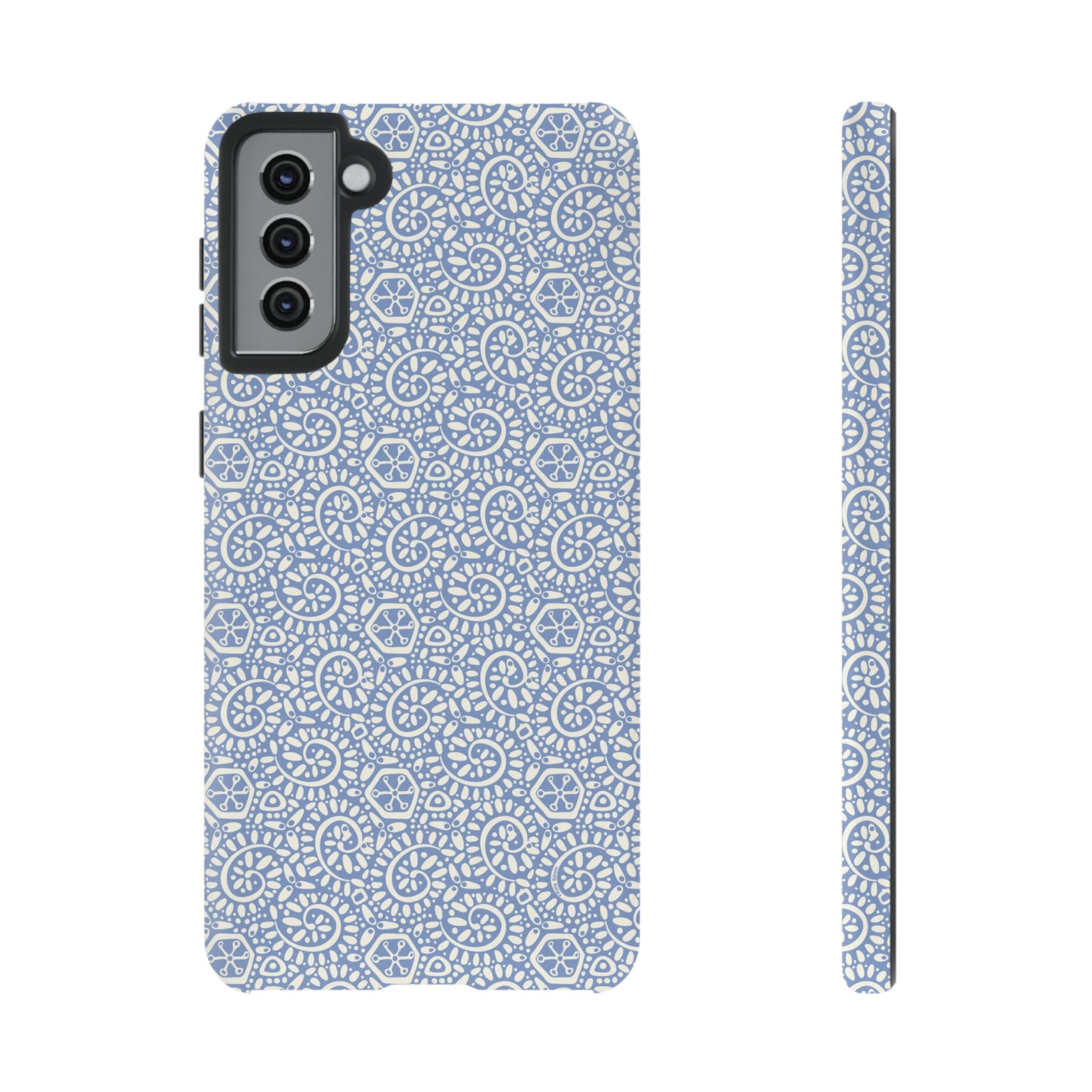 Canto Swirls Mist Samsung Galaxy S21 Plus Matte Case — periwinkle blue hard case covered in an intricate folk-art medallion pattern of radiating white circular motifs, dot clusters, and geometric centers