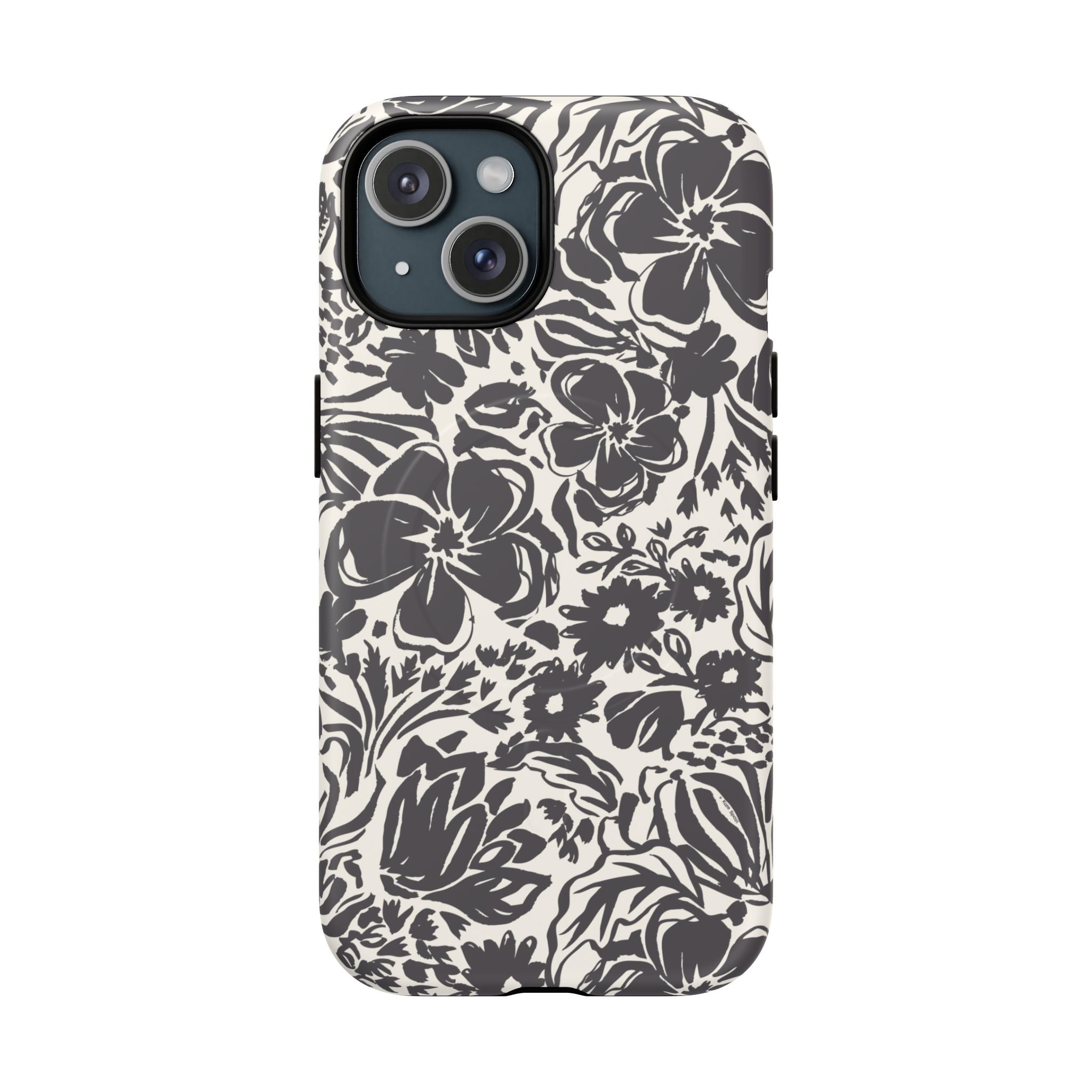 Rhapsody Black MagSafe iPhone 15 Matte case — bold charcoal floral print on cream by Kate Spain