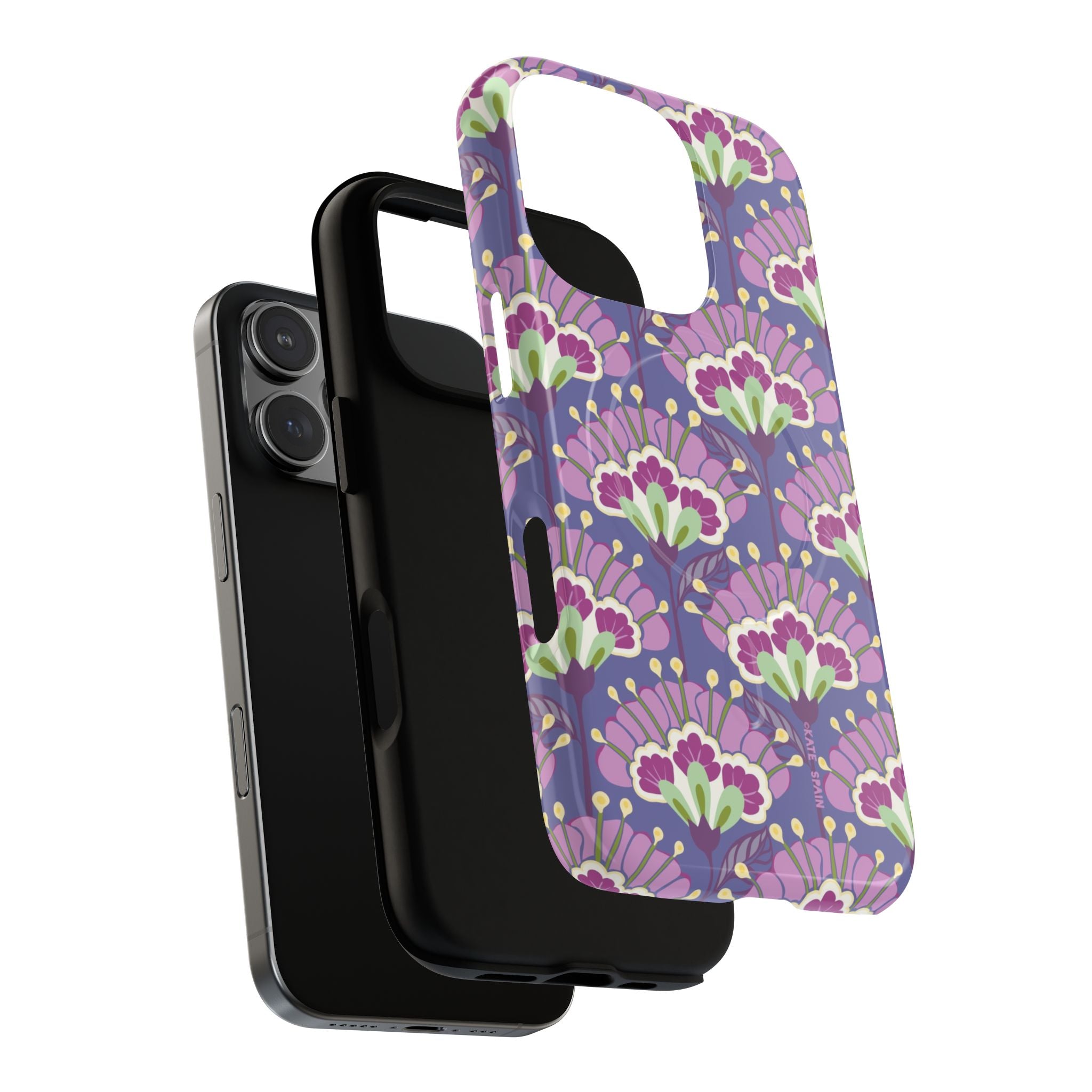 Lantern Flower MagSafe iPhone 16 Pro Max Case – Dual-layered view of case and inner lining in front of phone, with view of camera cutout and buttons | periwinkle, purple, mauve, sage botanical lantern floral print