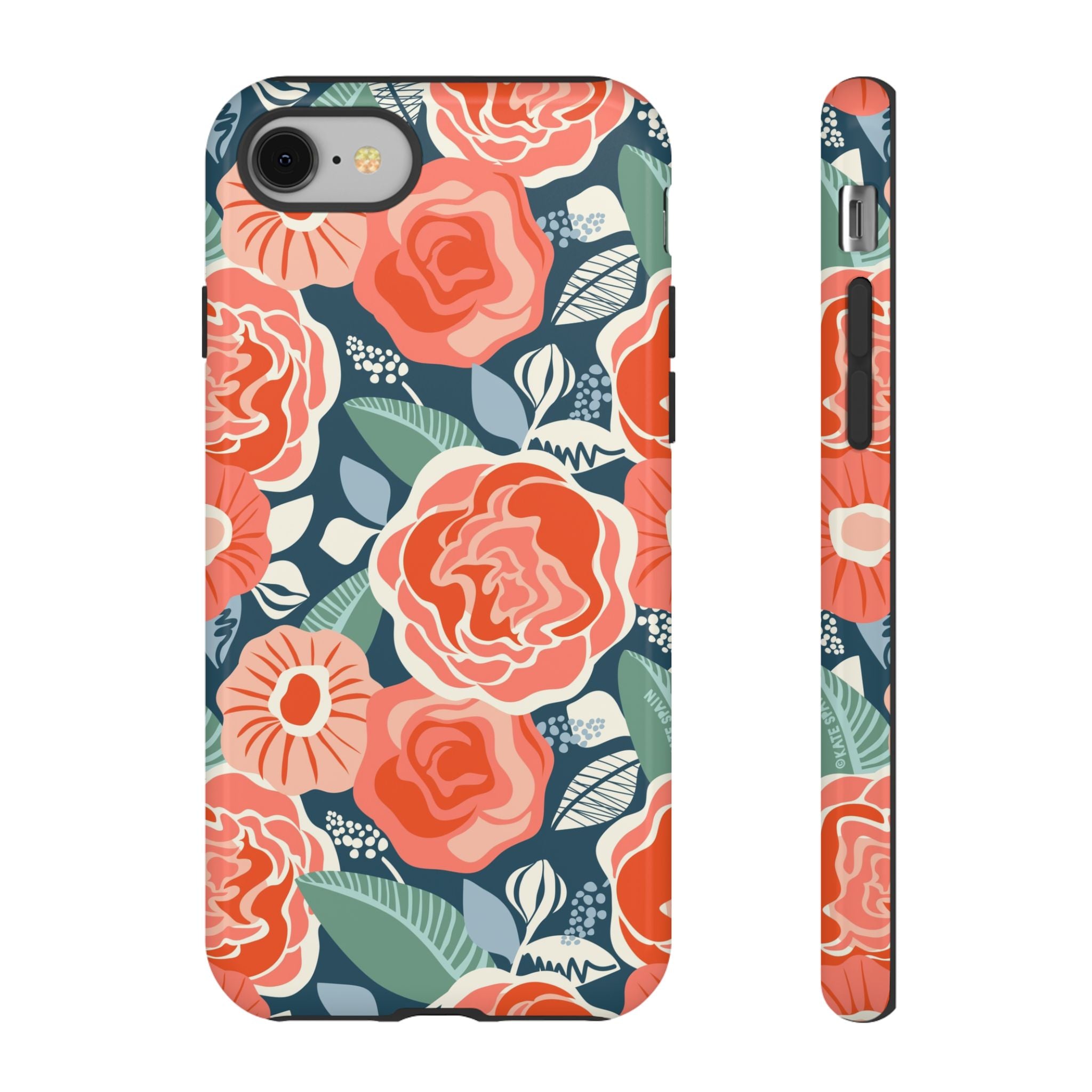 Tea Rose Navy Tough iPhone 8 Case – Matte | navy, coral, pink, cream rose floral print