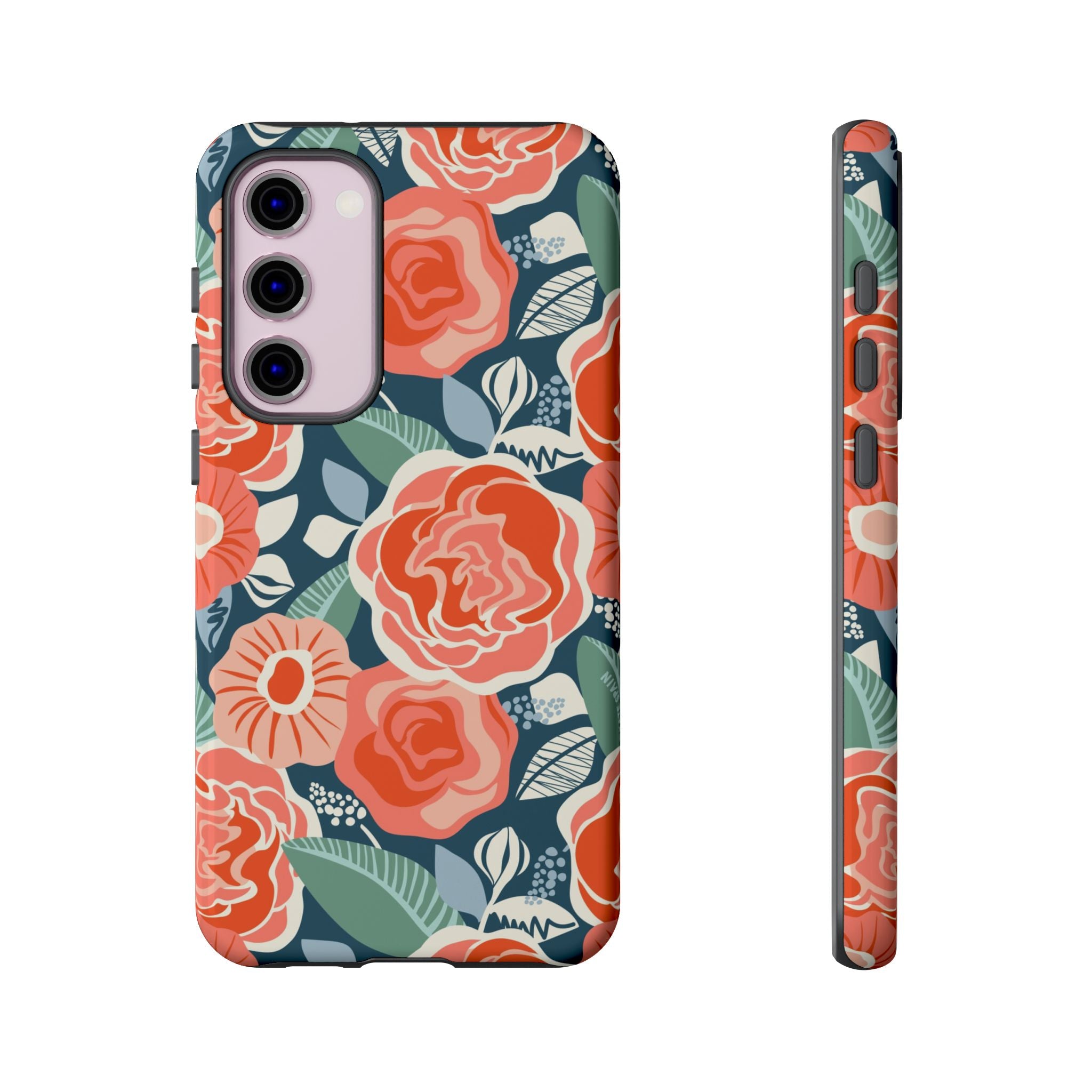 Luxury Tea Rose Navy Samsung Galaxy S23 Plus Case – Glossy | navy, coral, peach botanical rose floral print