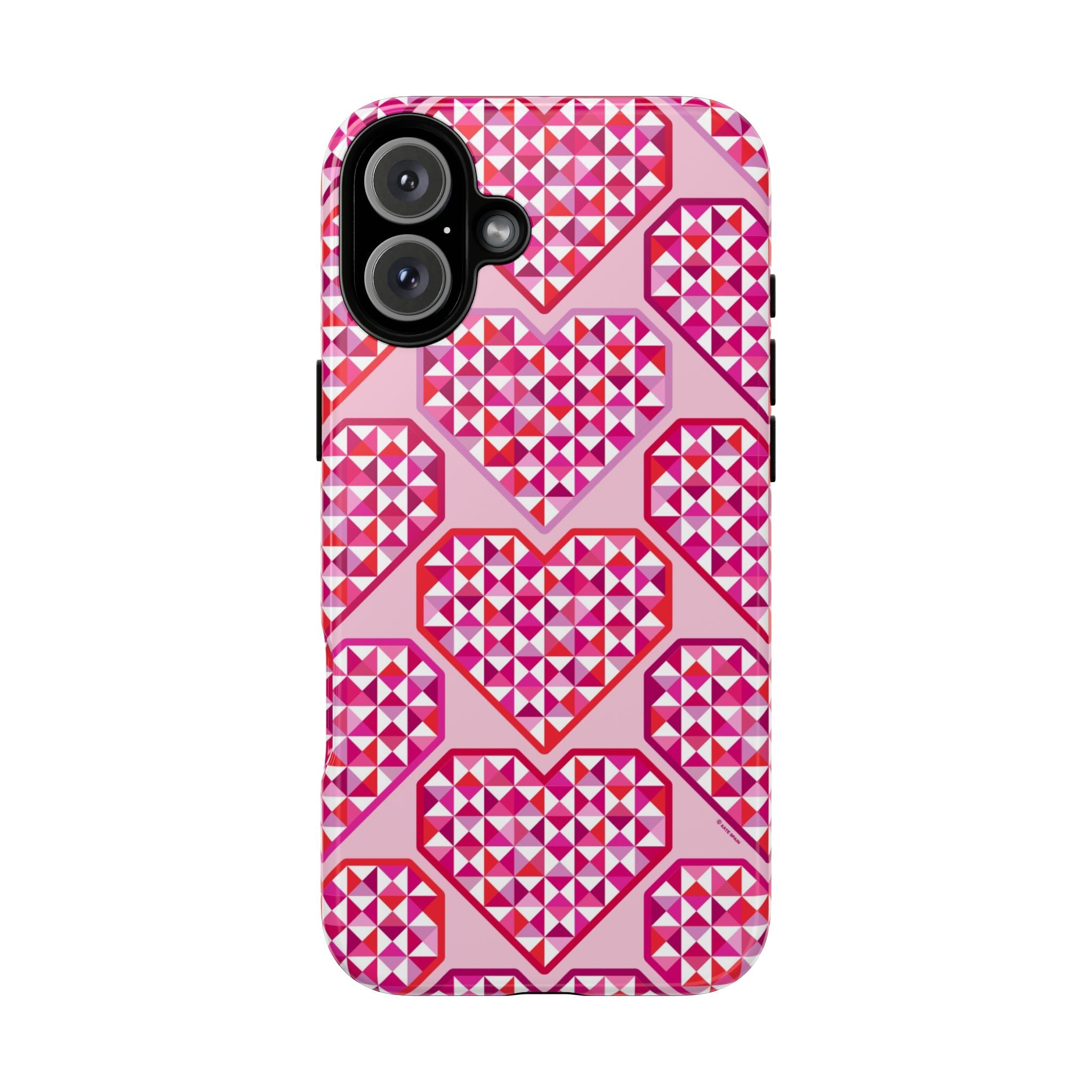 Pink Pyramid Heart Tough iPhone 16 Plus Case – Glossy | blush, pink, magenta, red geometric pyramid heart print
