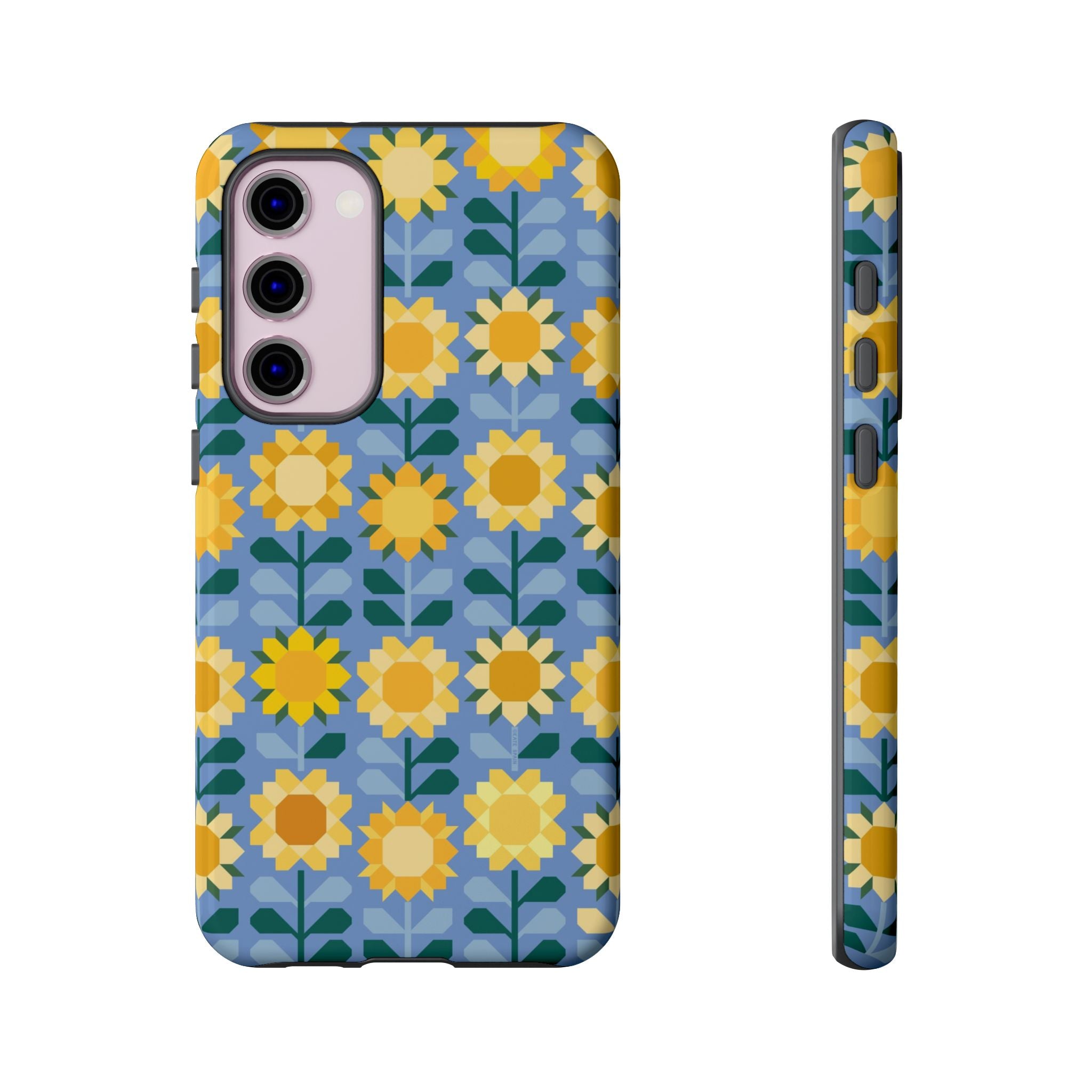 Luxury Sunflowers Samsung Galaxy S23 Plus Case – Glossy | blue, yellow, gold geometric sunflower print 