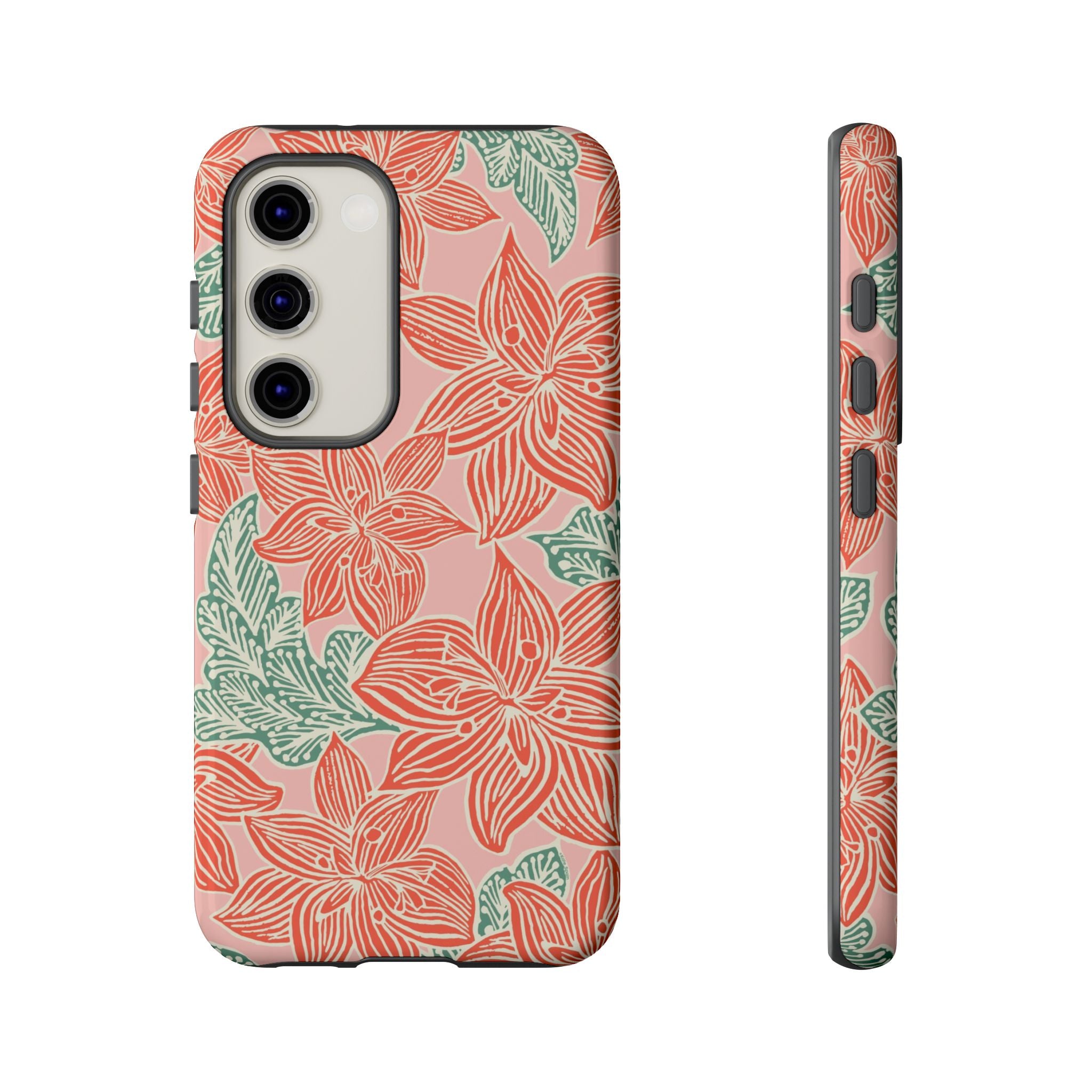 Hibiscus Coral Samsung Galaxy S23 Glossy Case — blush pink hard case with large-scale coral red hibiscus flowers and teal-green leaves in a bold botanical linework print, densely layered across the surface