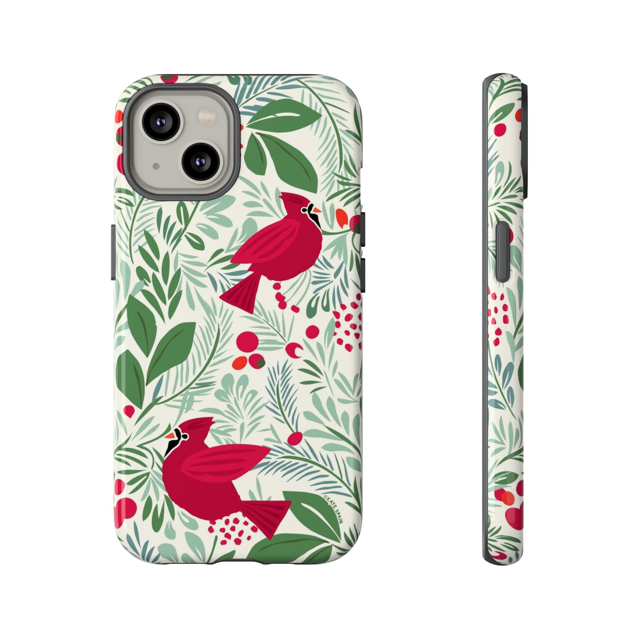 Birds and Berries Tough iPhone 14 Case – Glossy | cream, red, green botanical cardinal berry print