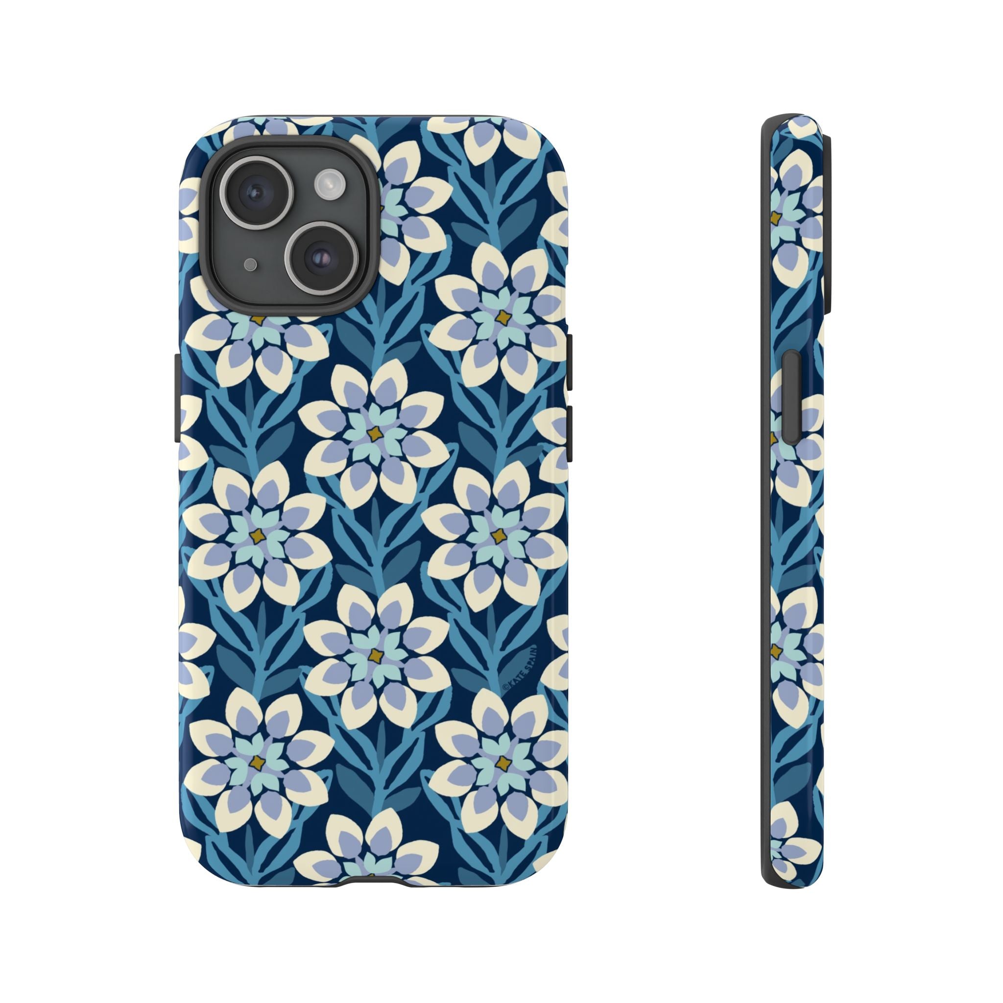 Designer Modern Dahlia Tough iPhone 15 Case – Glossy | navy, cobalt, white dahlia floral print
