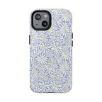 Montauk Daisy Cottage Blue MagSafe iPhone 14 Case – Glossy | periwinkle blue, white graphic daisy and fern print, golden yellow centers MagSafe compatible, dual-layer protection