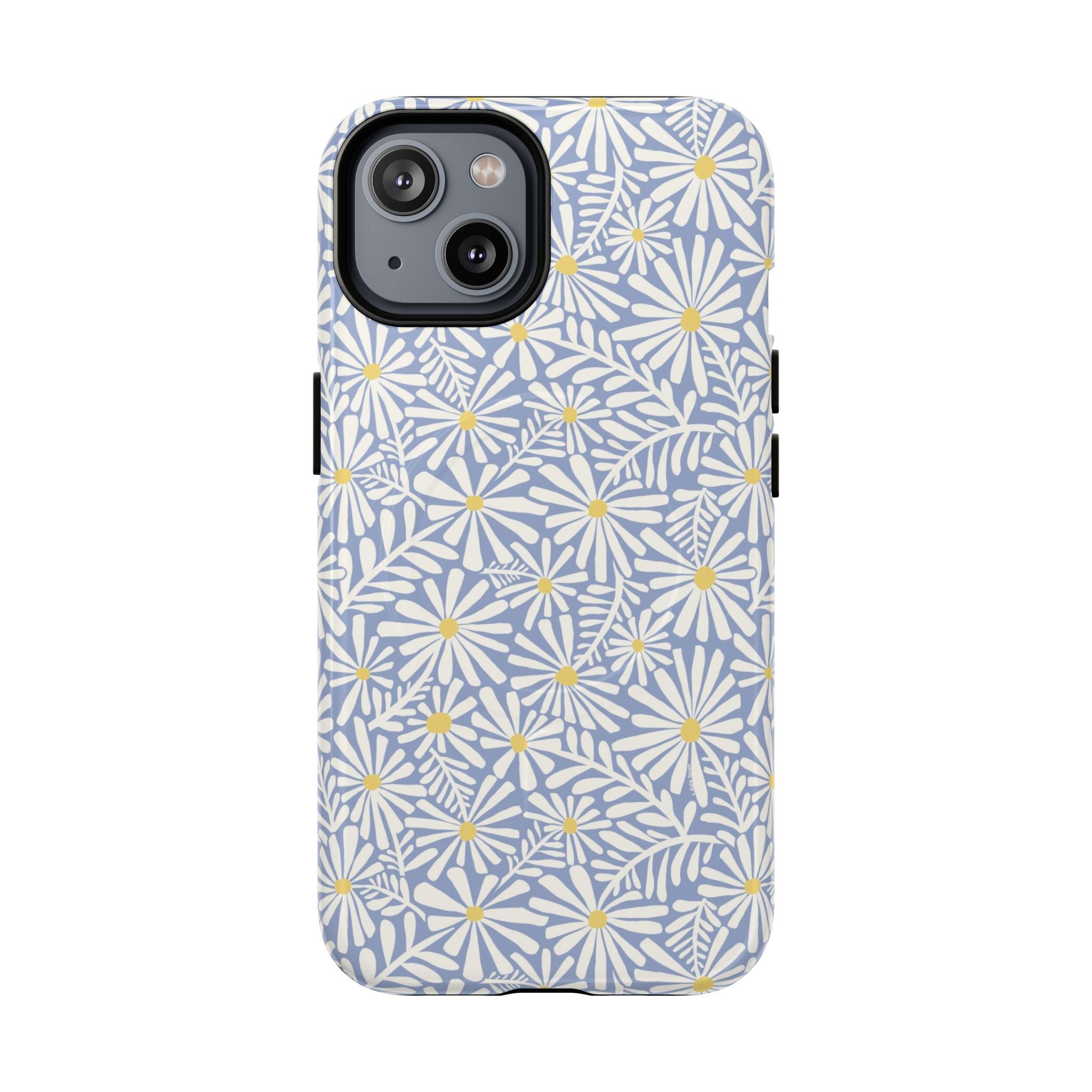 Montauk Daisy Cottage Blue MagSafe iPhone 14 Case – Glossy | periwinkle blue, white graphic daisy and fern print, golden yellow centers MagSafe compatible, dual-layer protection