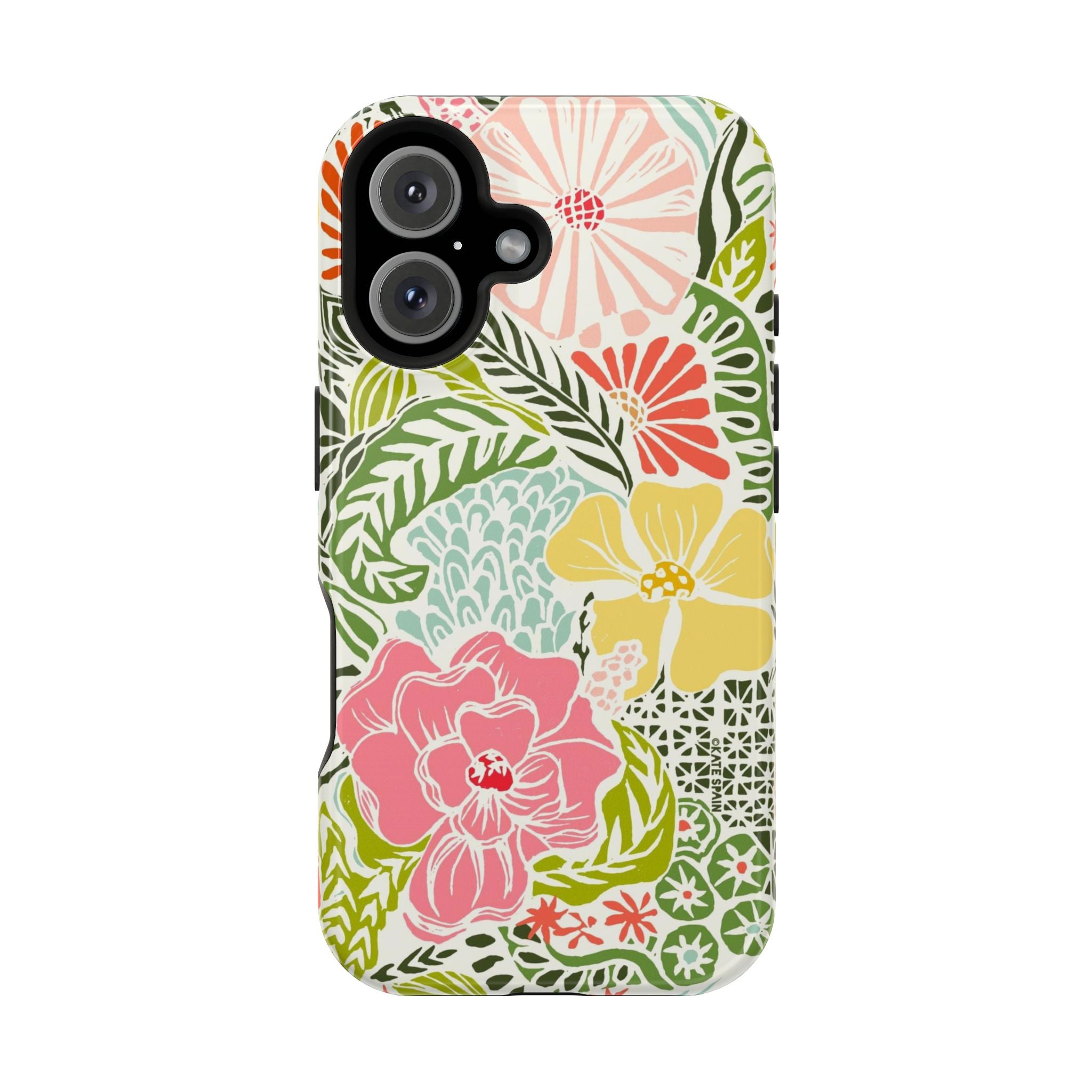 Tropica MagSafe iPhone 16 Case – Glossy | cream, pink, yellow, blue botanical floral print MagSafe compatible, dual-layer protection