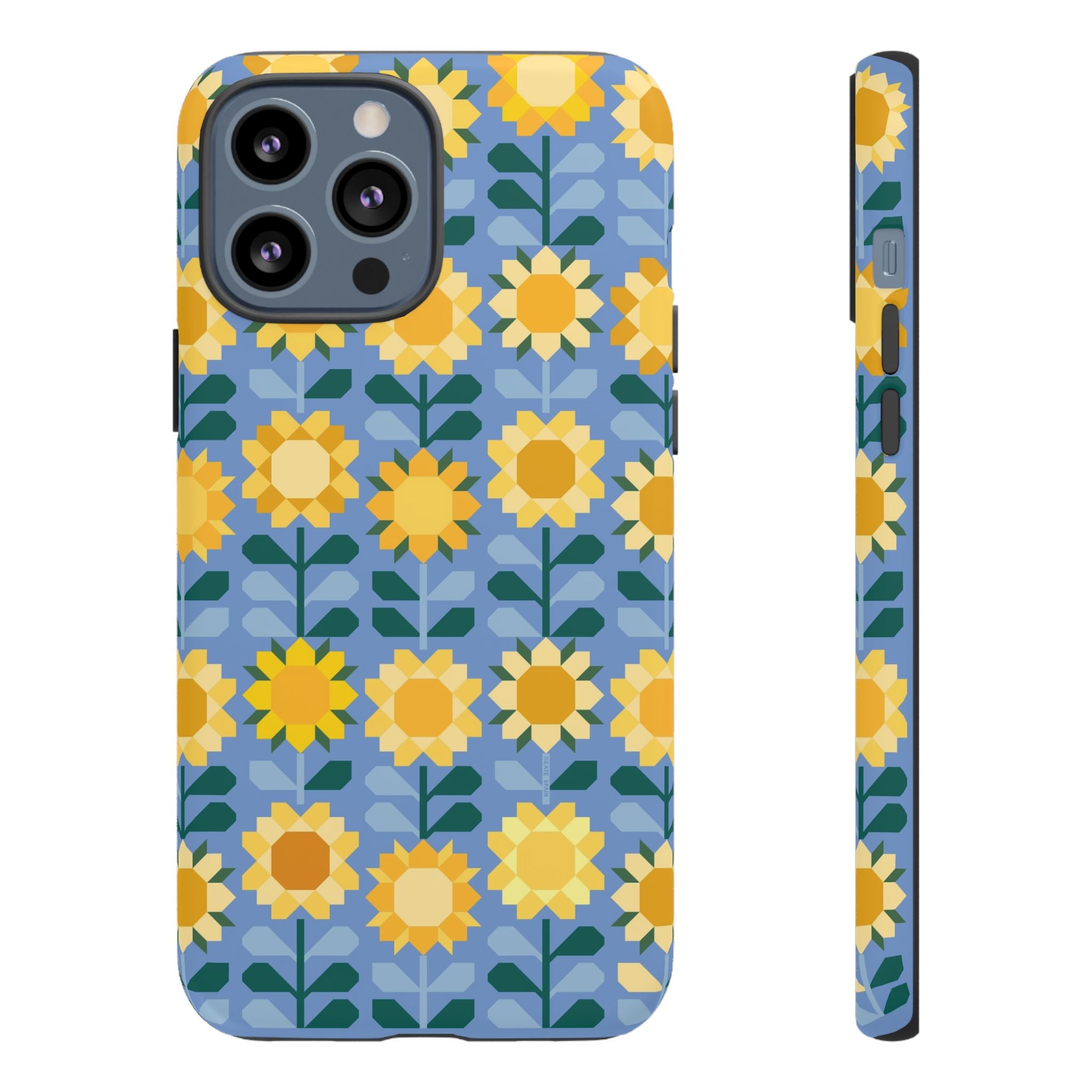 Sunflowers Tough iPhone 13 Pro Max Case – Matte | blue, yellow, gold geometric sunflower print