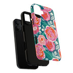 Luxury Tea Rose Teal MagSafe iPhone Case – exploded side view showing dual-layer construction and MagSafe magnet array | teal, coral, pink botanical rose floral print
