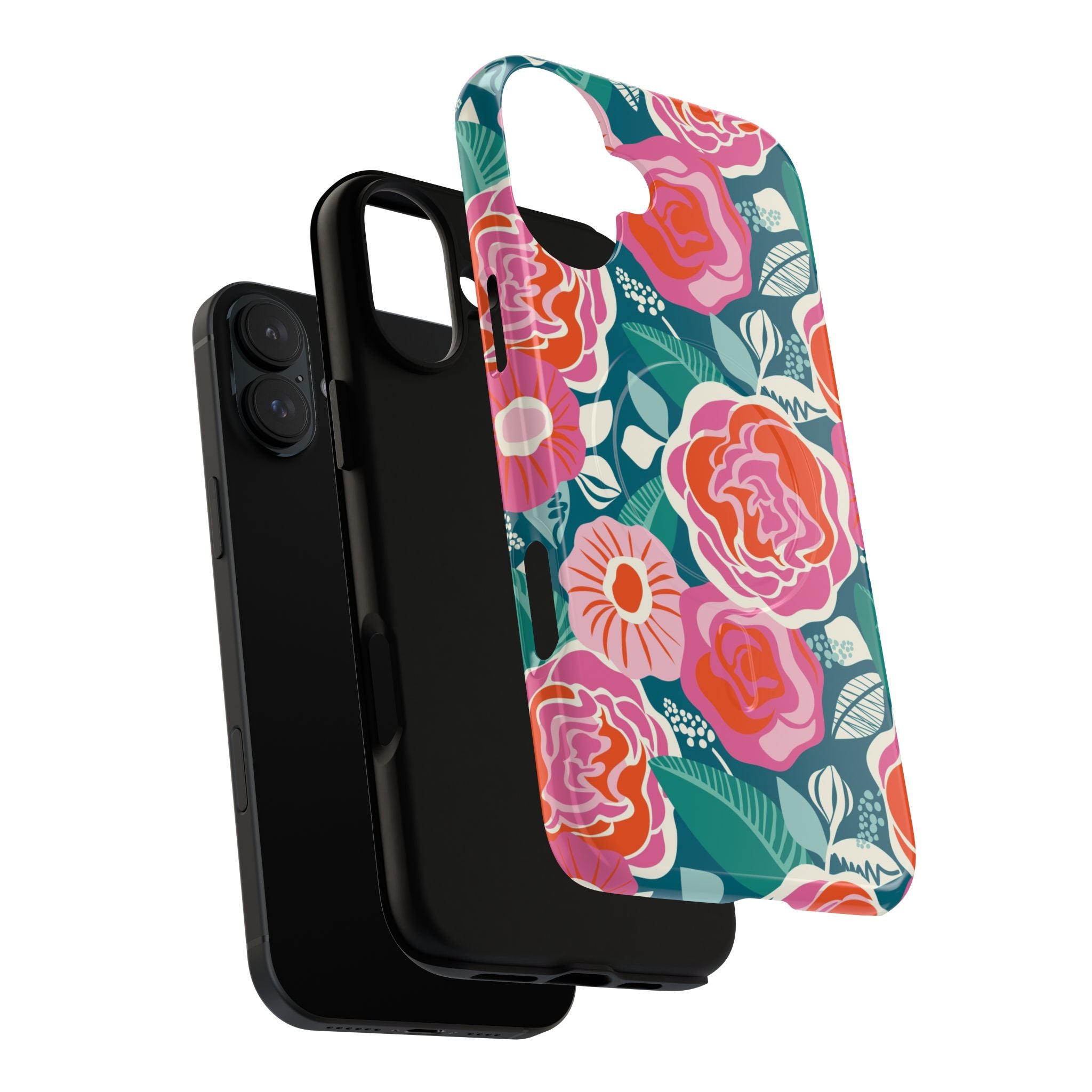 Luxury Tea Rose Teal MagSafe iPhone Case – exploded side view showing dual-layer construction and MagSafe magnet array | teal, coral, pink botanical rose floral print