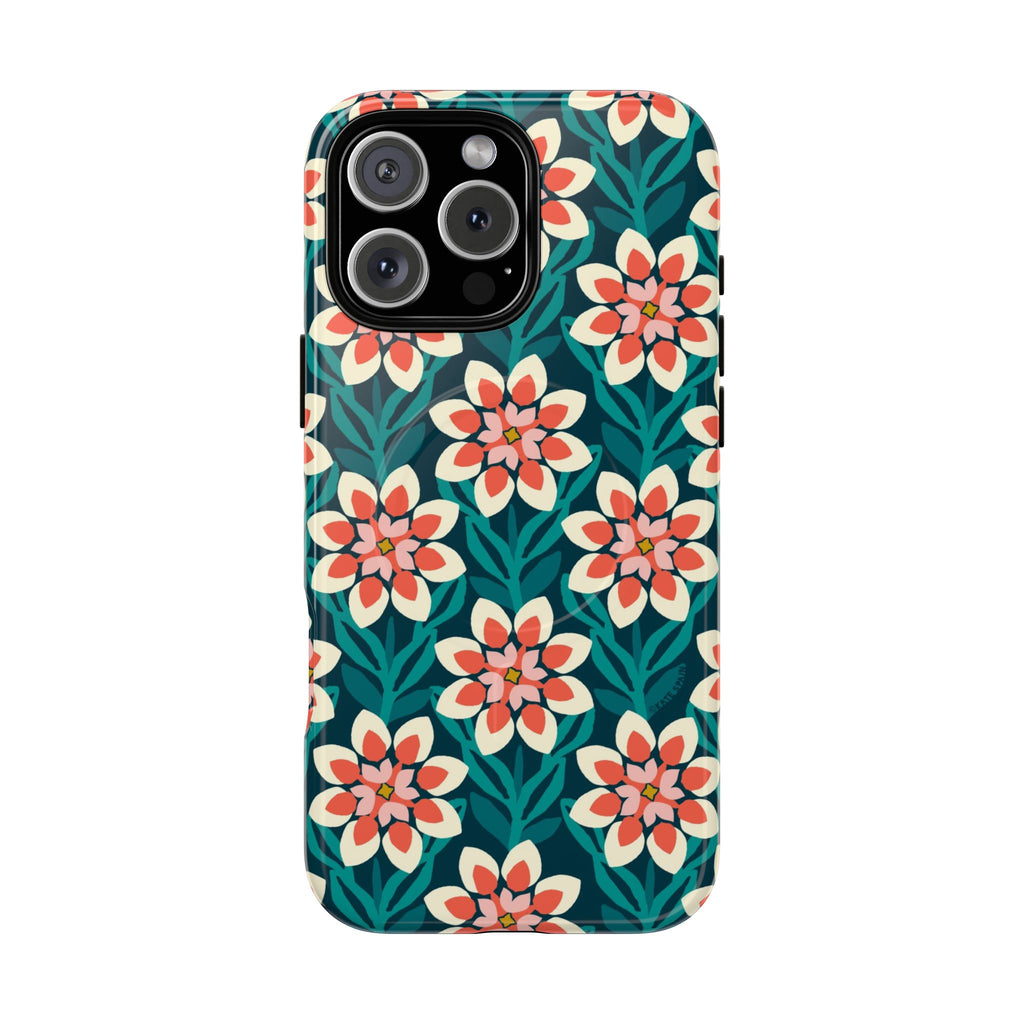 Modern Dahlia MagSafe iPhone 16 Pro Max Case – Glossy | teal, coral, cream botanical dahlia floral print