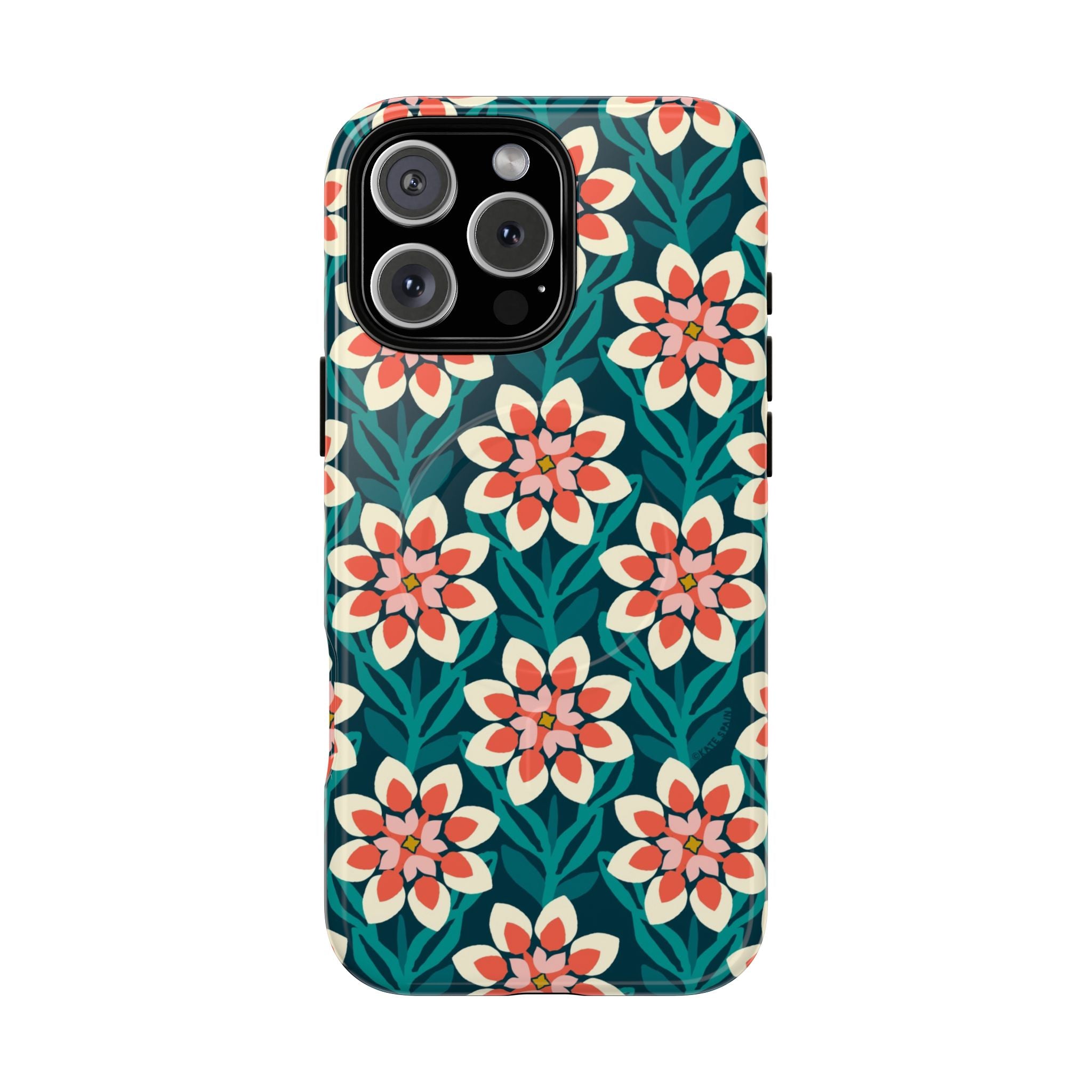 Modern Dahlia MagSafe iPhone 16 Pro Max Case – Glossy | teal, coral, cream botanical dahlia floral print