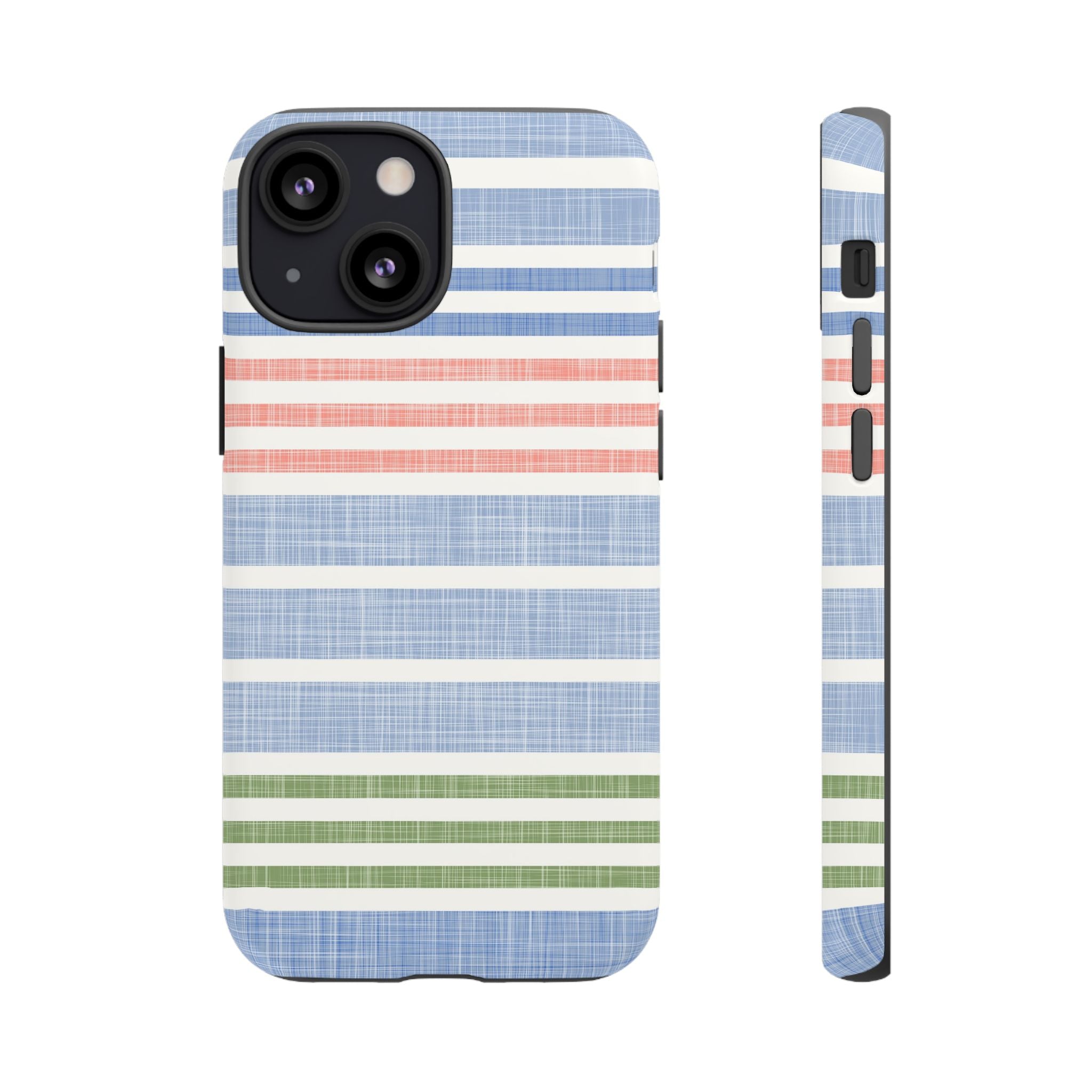 Cabana Stripe Pastel Tough iPhone 13 Mini Case – Matte | soft blue, coral, sage green chambray-textured stripe print dual-layer protection